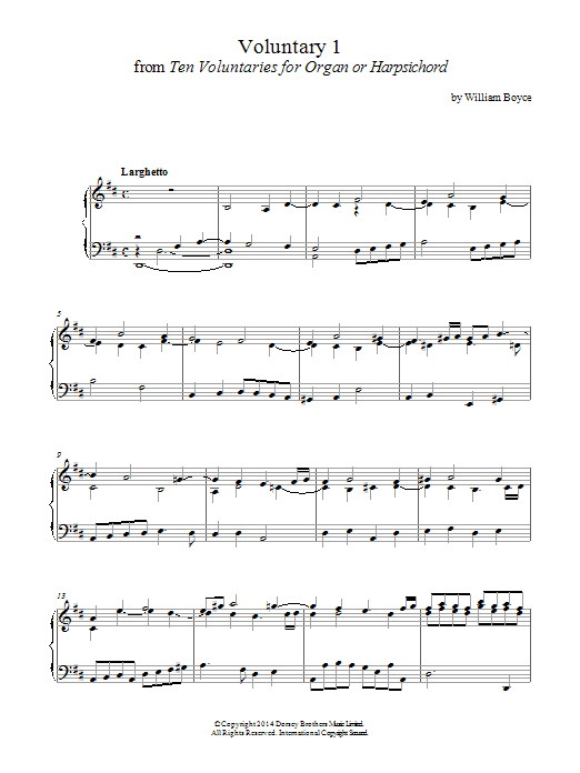 Download William Boyce Voluntary 1 In D Major From 10 Voluntaries For Harpsichord Sheet Music and learn how to play Piano PDF digital score in minutes