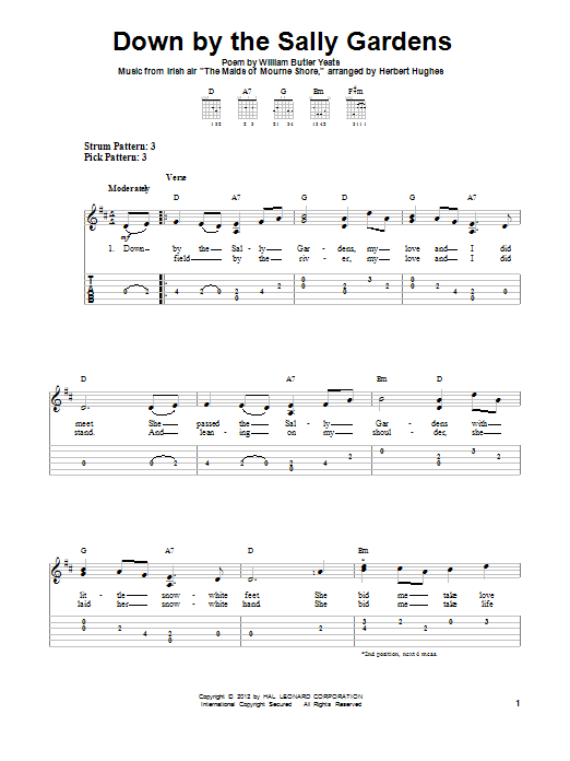 Download William Butler Yeats Down By The Sally Gardens Sheet Music and learn how to play Easy Guitar Tab PDF digital score in minutes