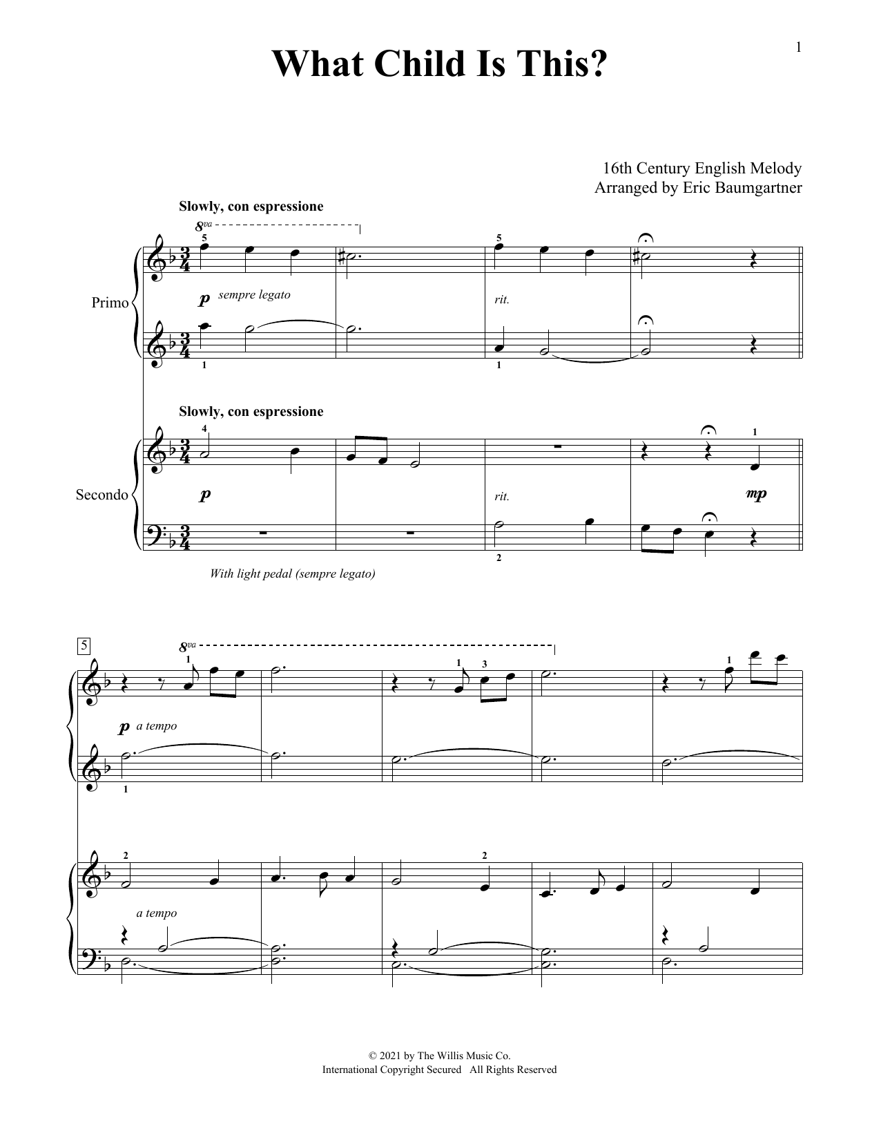Download William C. Dix What Child Is This? (arr. Eric Baumgartner) Sheet Music and learn how to play Piano Duet PDF digital score in minutes