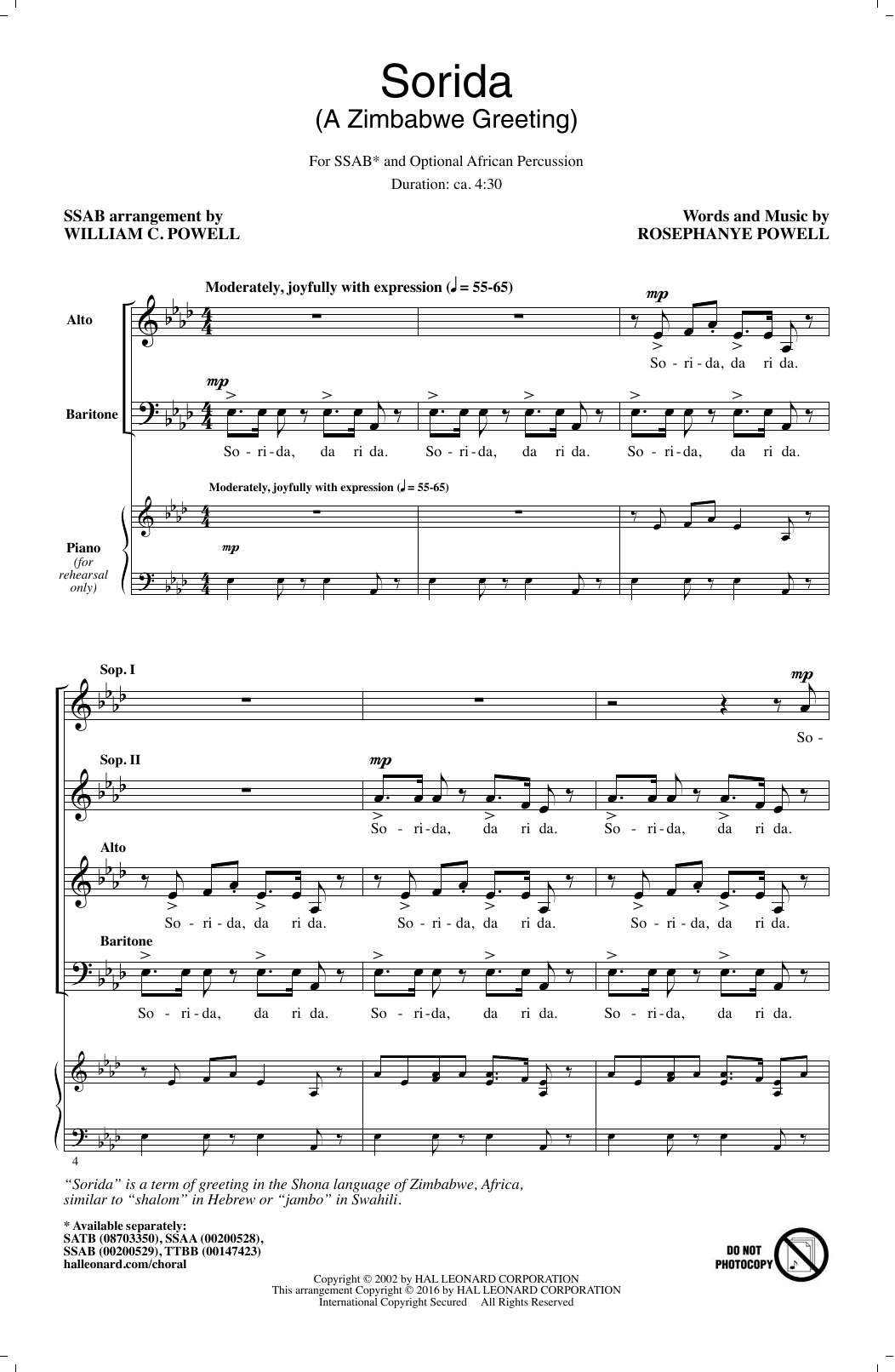 Download Rosephanye Powell Sorida (A Zimbabwe Greeting) (arr. William Powell) Sheet Music and learn how to play SSA PDF digital score in minutes
