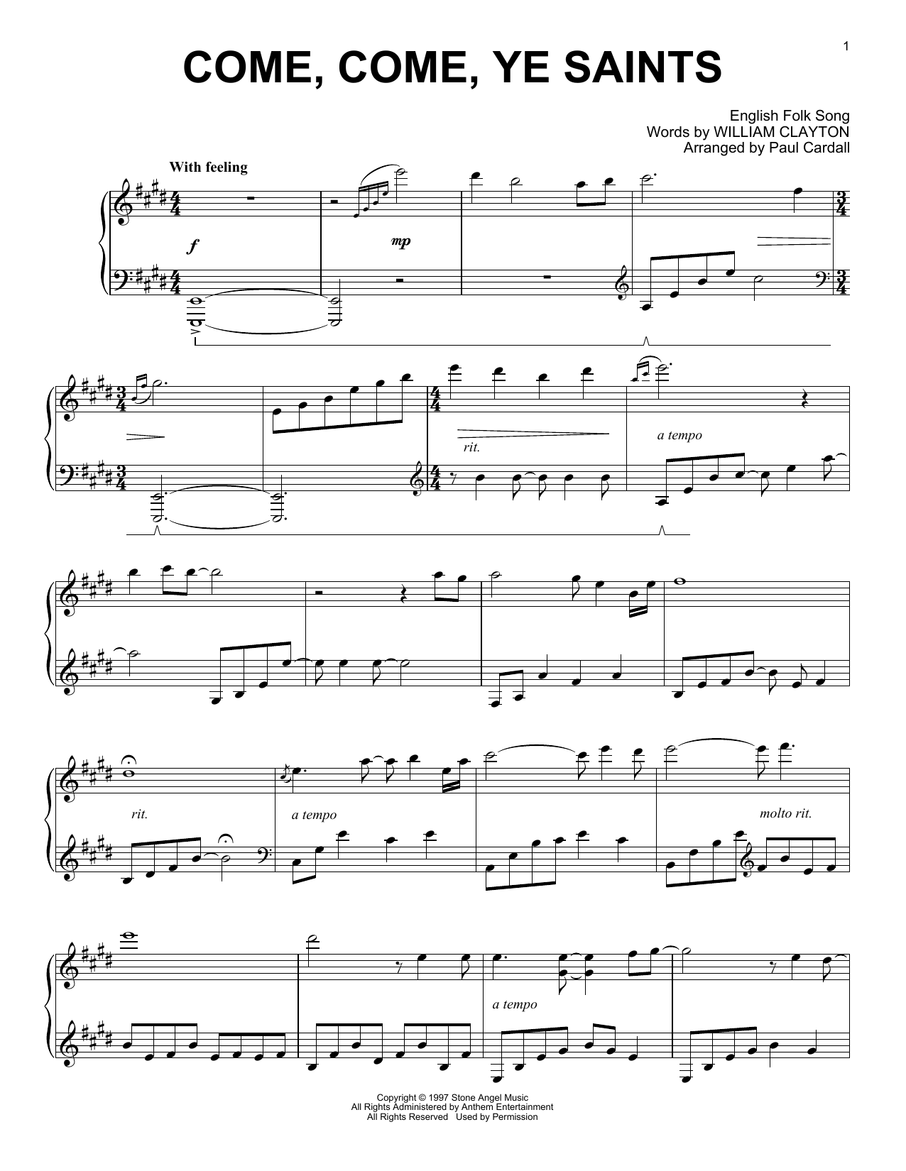 Download William Clayton Come, Come, Ye Saints (arr. Paul Cardall) Sheet Music and learn how to play Piano Solo PDF digital score in minutes