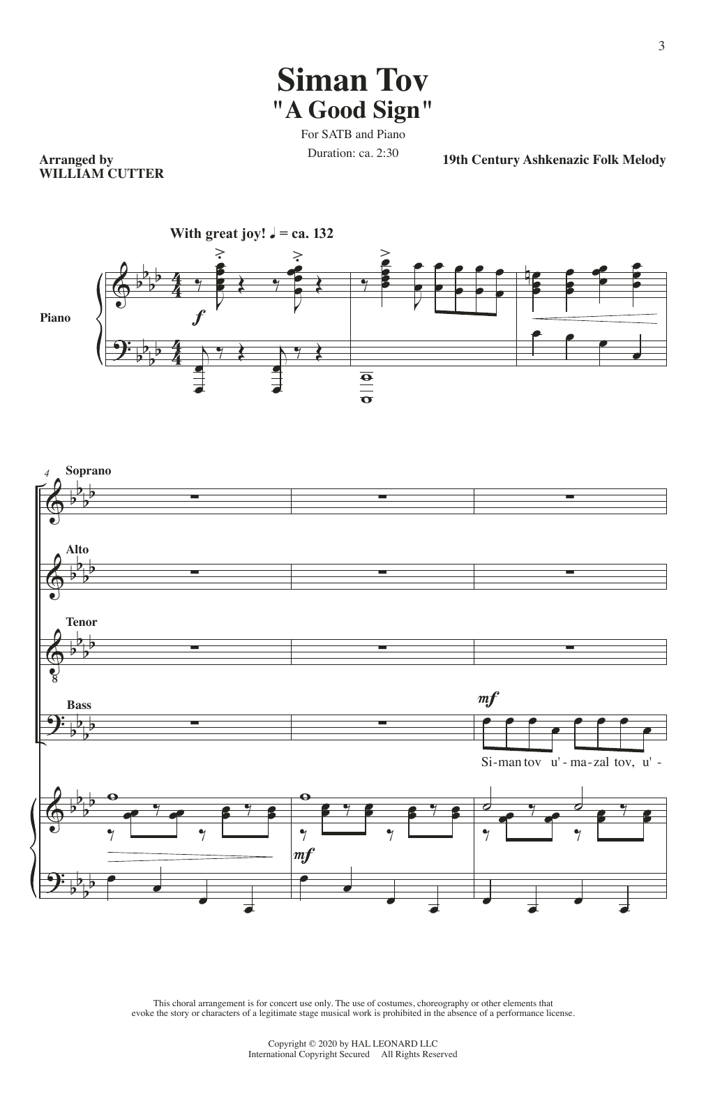 Download William Cutter Siman Tov (A Good Sign) Sheet Music and learn how to play SATB Choir PDF digital score in minutes