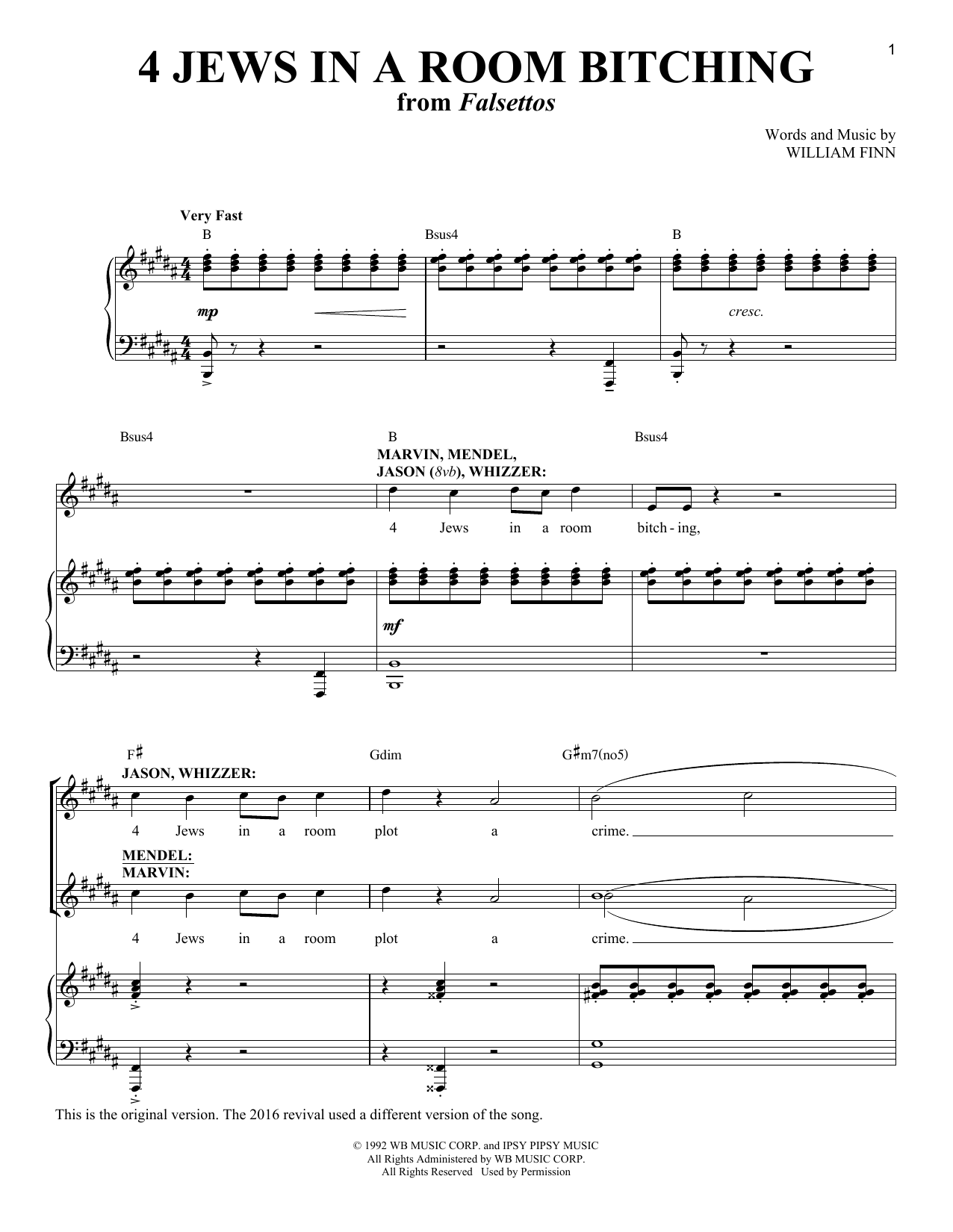 Download William Finn 4 Jews In A Room Bitching Sheet Music and learn how to play Piano & Vocal PDF digital score in minutes