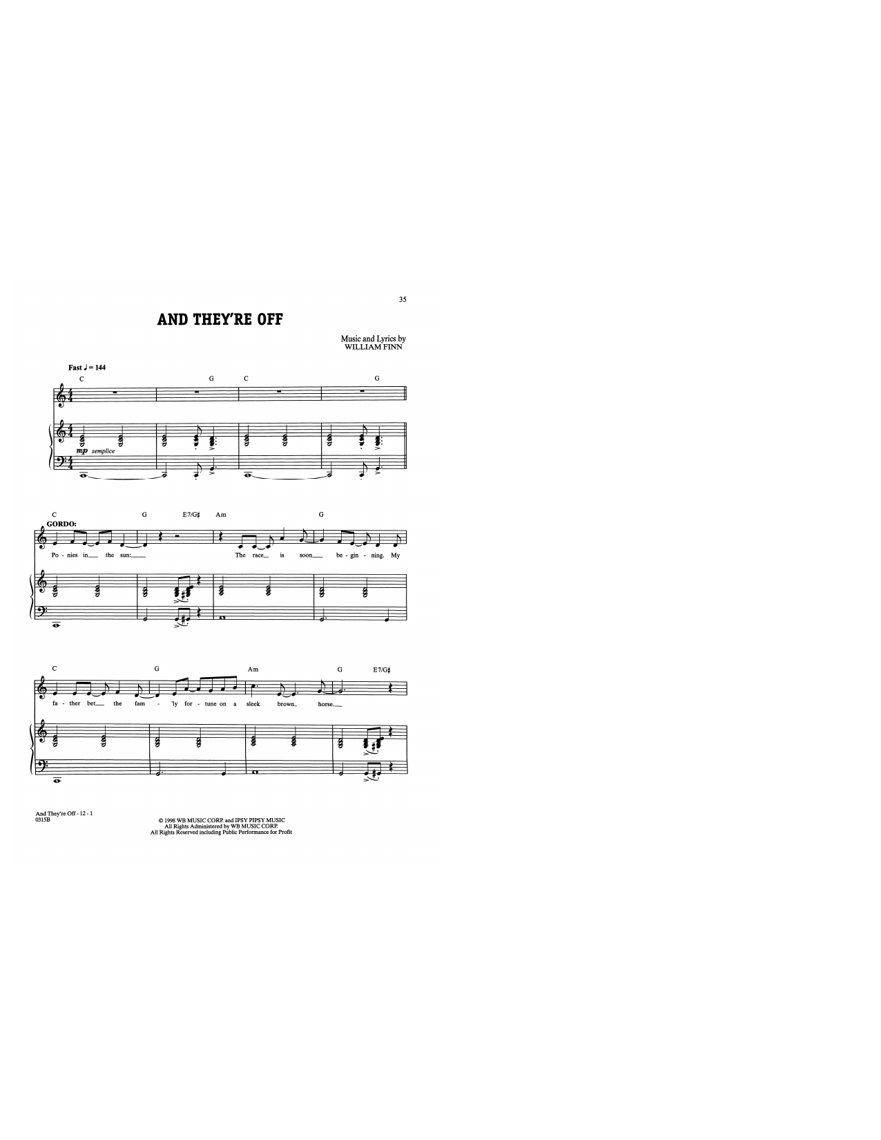 Download William Finn And They're Off (from A New Brain) Sheet Music and learn how to play Piano & Vocal PDF digital score in minutes