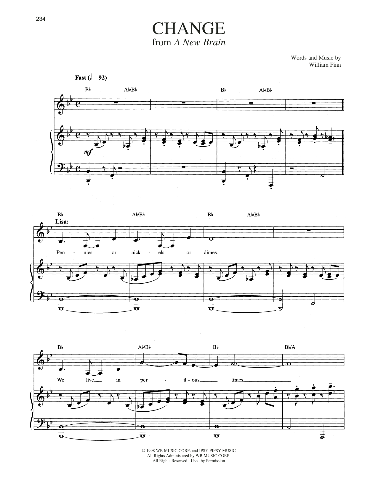 Download William Finn Change (from A New Brain) Sheet Music and learn how to play Piano & Vocal PDF digital score in minutes
