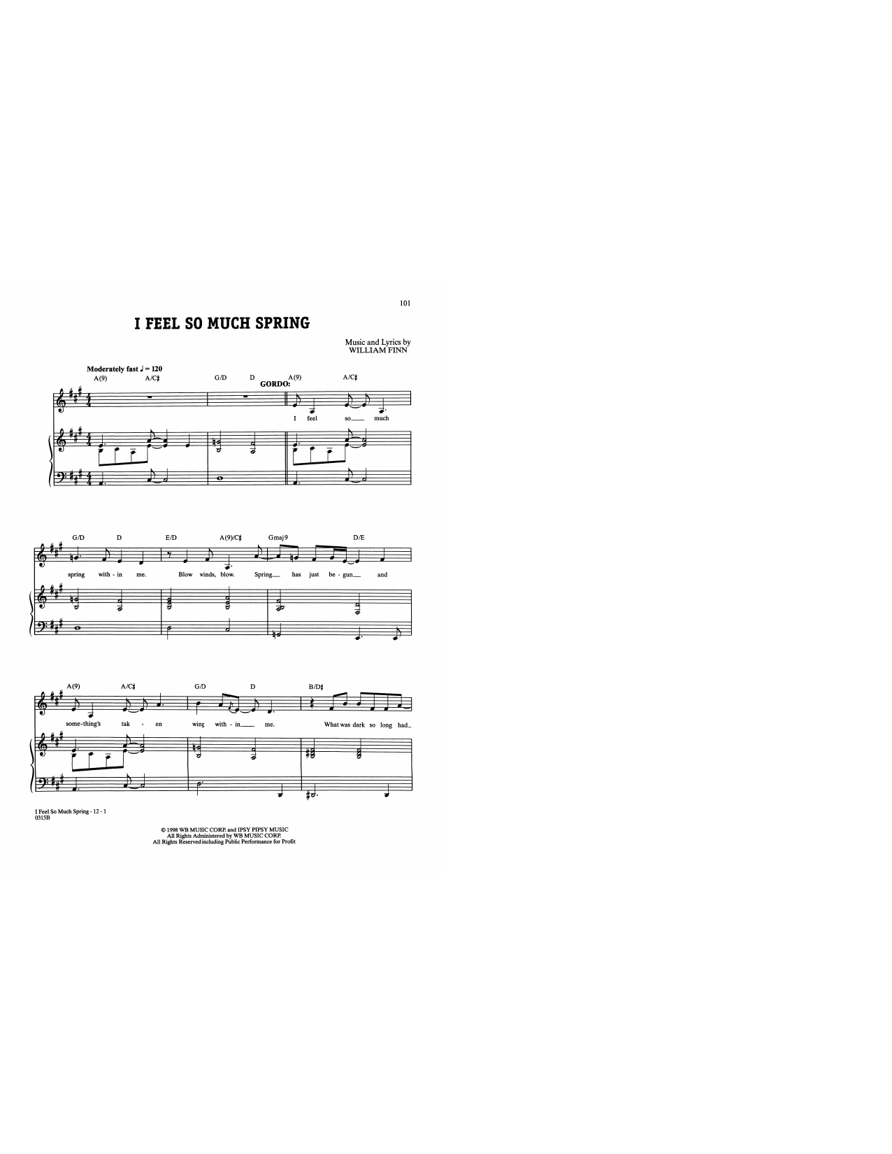 Download William Finn I Feel So Much Spring (from A New Brain) Sheet Music and learn how to play Piano & Vocal PDF digital score in minutes