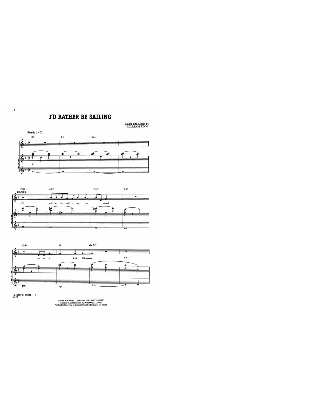 Download William Finn I'd Rather Be Sailing (from A New Brain) Sheet Music and learn how to play Piano & Vocal PDF digital score in minutes