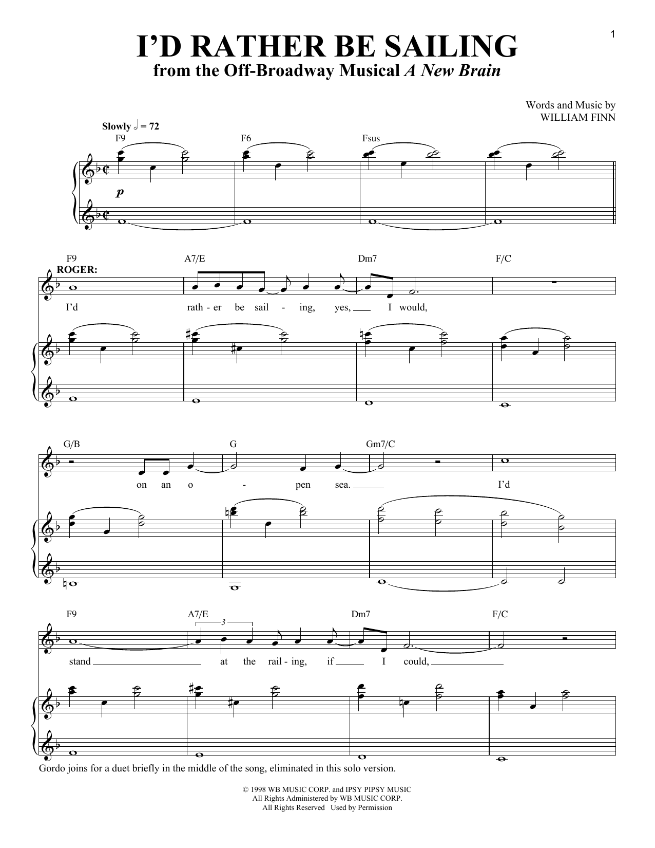 Download William Finn I'd Rather Be Sailing Sheet Music and learn how to play Piano & Vocal PDF digital score in minutes