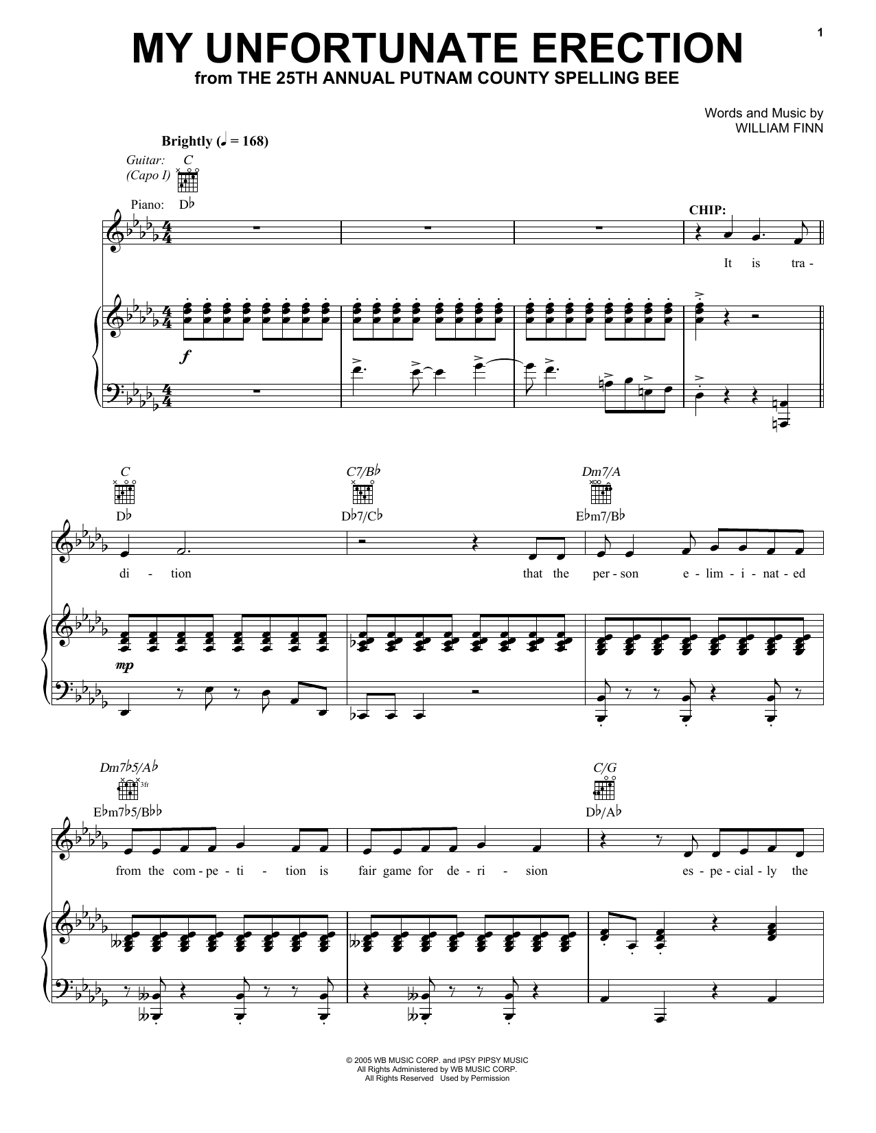 Download William Finn My Unfortunate Erection (from 25th Annual Putnam County Spelling Bee) Sheet Music and learn how to play Vocal Pro + Piano/Guitar PDF digital score in minutes