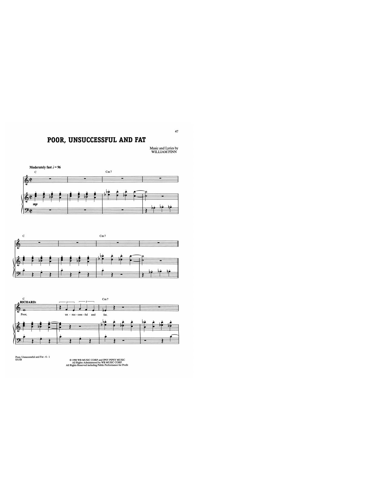 Download William Finn Poor, Unsuccessful, And Fat (from A New Brain) Sheet Music and learn how to play Piano & Vocal PDF digital score in minutes