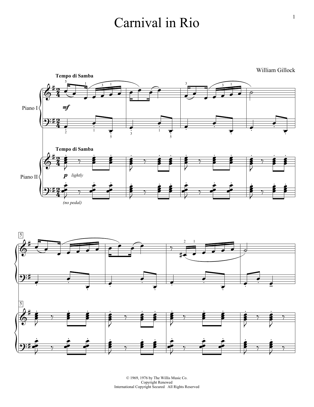 Download William Gillock Carnival In Rio Sheet Music and learn how to play Piano Duet PDF digital score in minutes