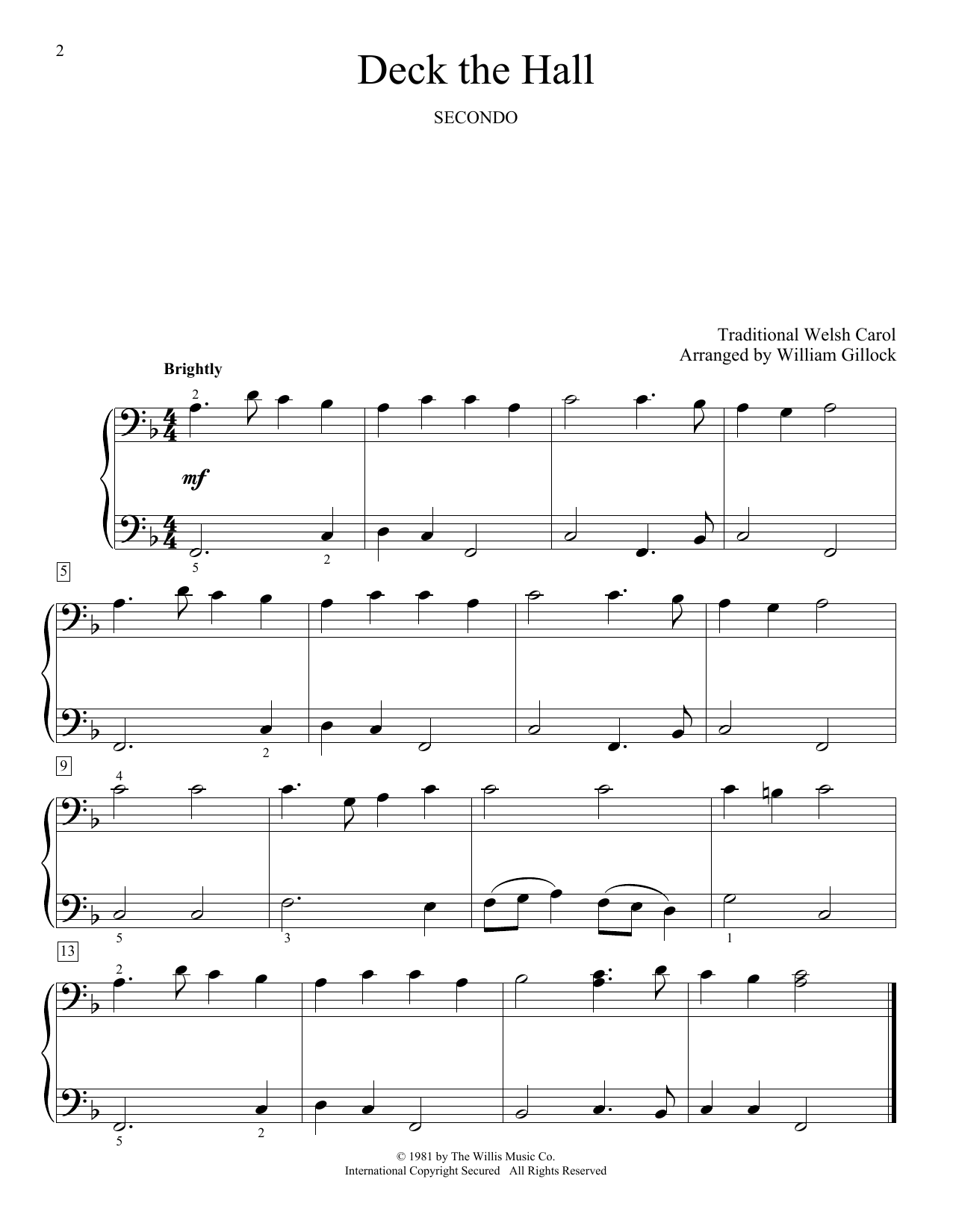 Download William Gillock Deck The Hall Sheet Music and learn how to play Piano Duet PDF digital score in minutes