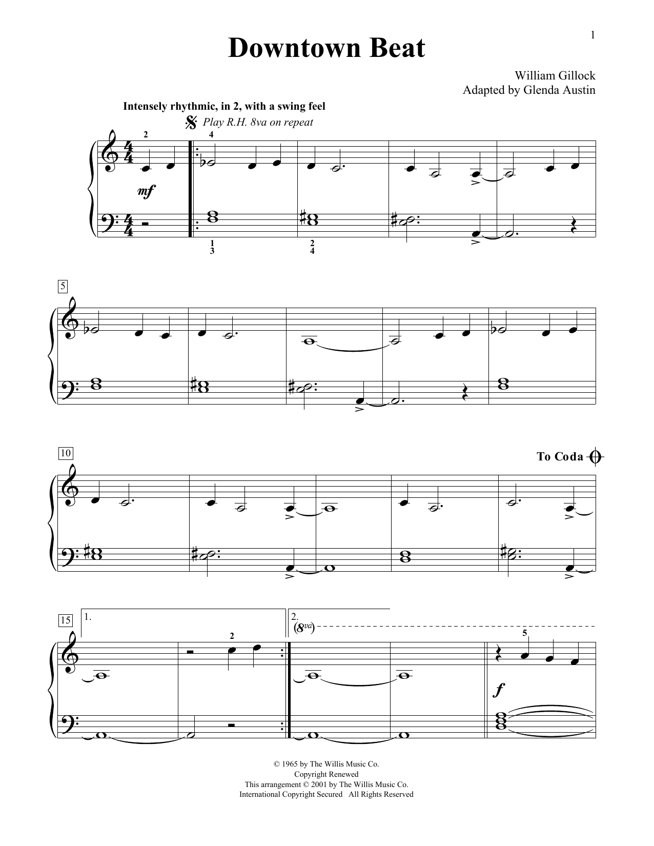 Download William Gillock Downtown Beat (Simplified) (adapted by Glenda Austin) Sheet Music and learn how to play Educational Piano PDF digital score in minutes