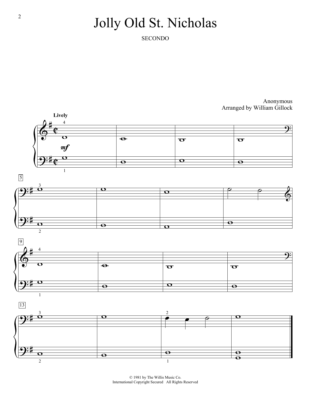 Download William Gillock Jolly Old St. Nicholas Sheet Music and learn how to play Piano Duet PDF digital score in minutes