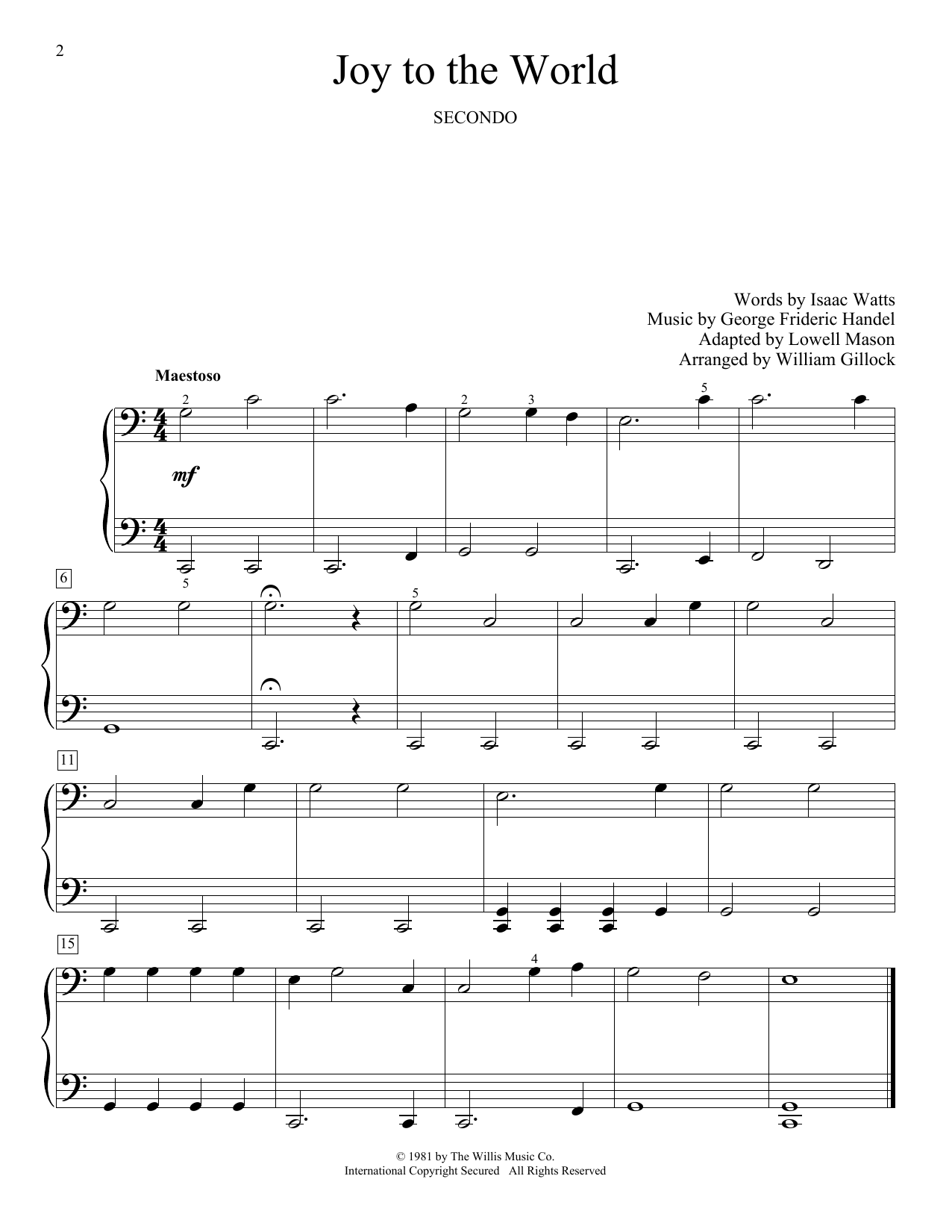 Download William Gillock Joy To The World Sheet Music and learn how to play Piano Duet PDF digital score in minutes