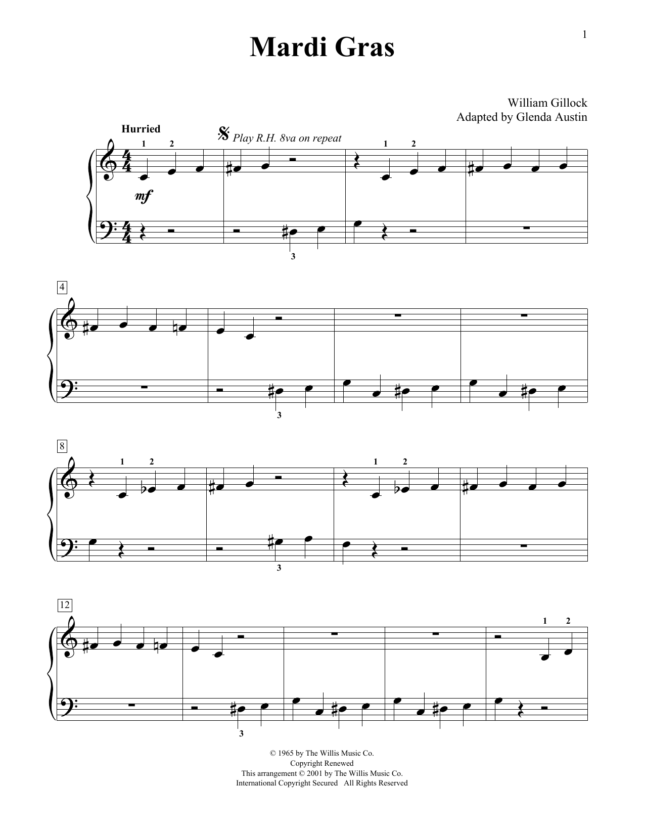 Download William Gillock Mardi Gras (Simplified) (adapted by Glenda Austin) Sheet Music and learn how to play Educational Piano PDF digital score in minutes
