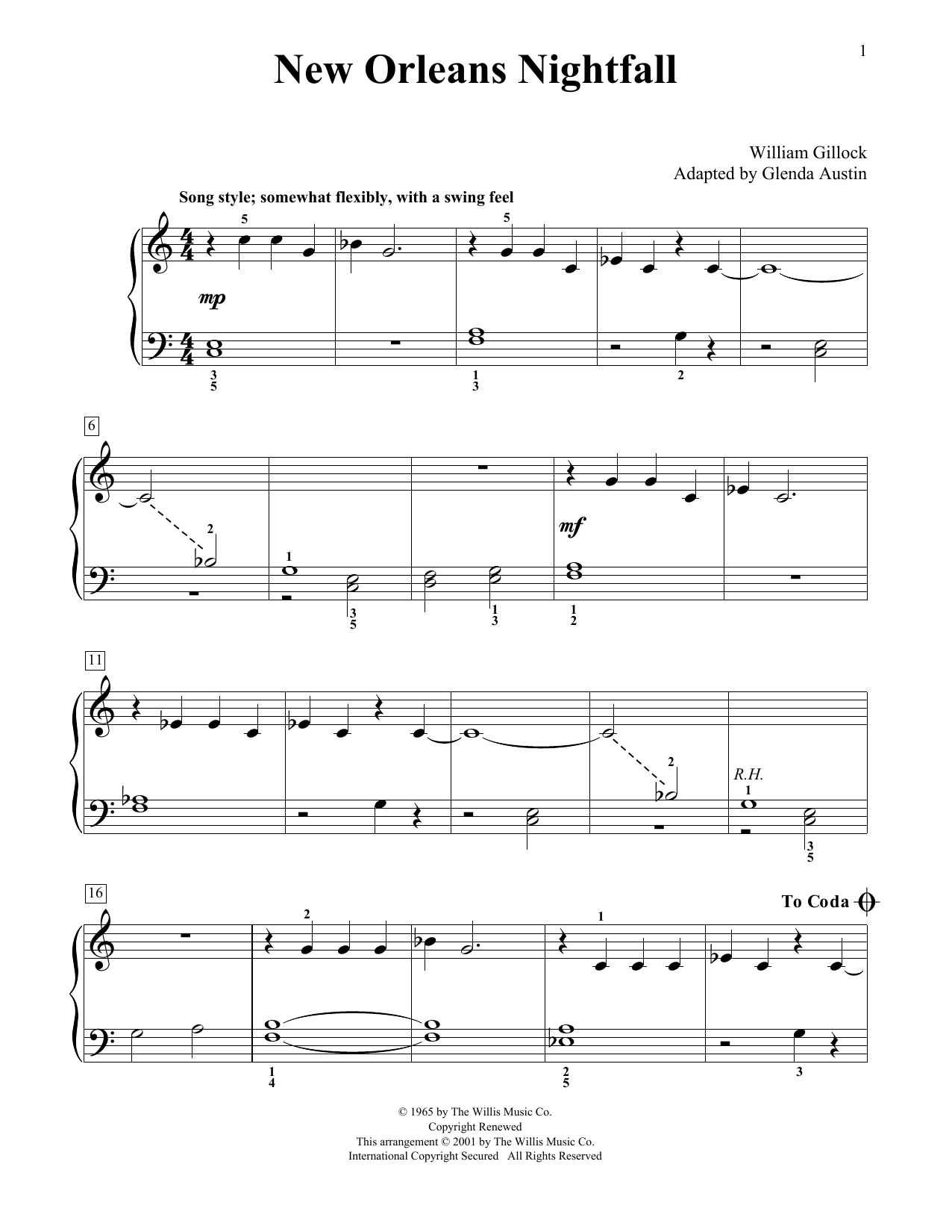 Download William Gillock New Orleans Nightfall (Simplified) (adapted by Glenda Austin) Sheet Music and learn how to play Educational Piano PDF digital score in minutes