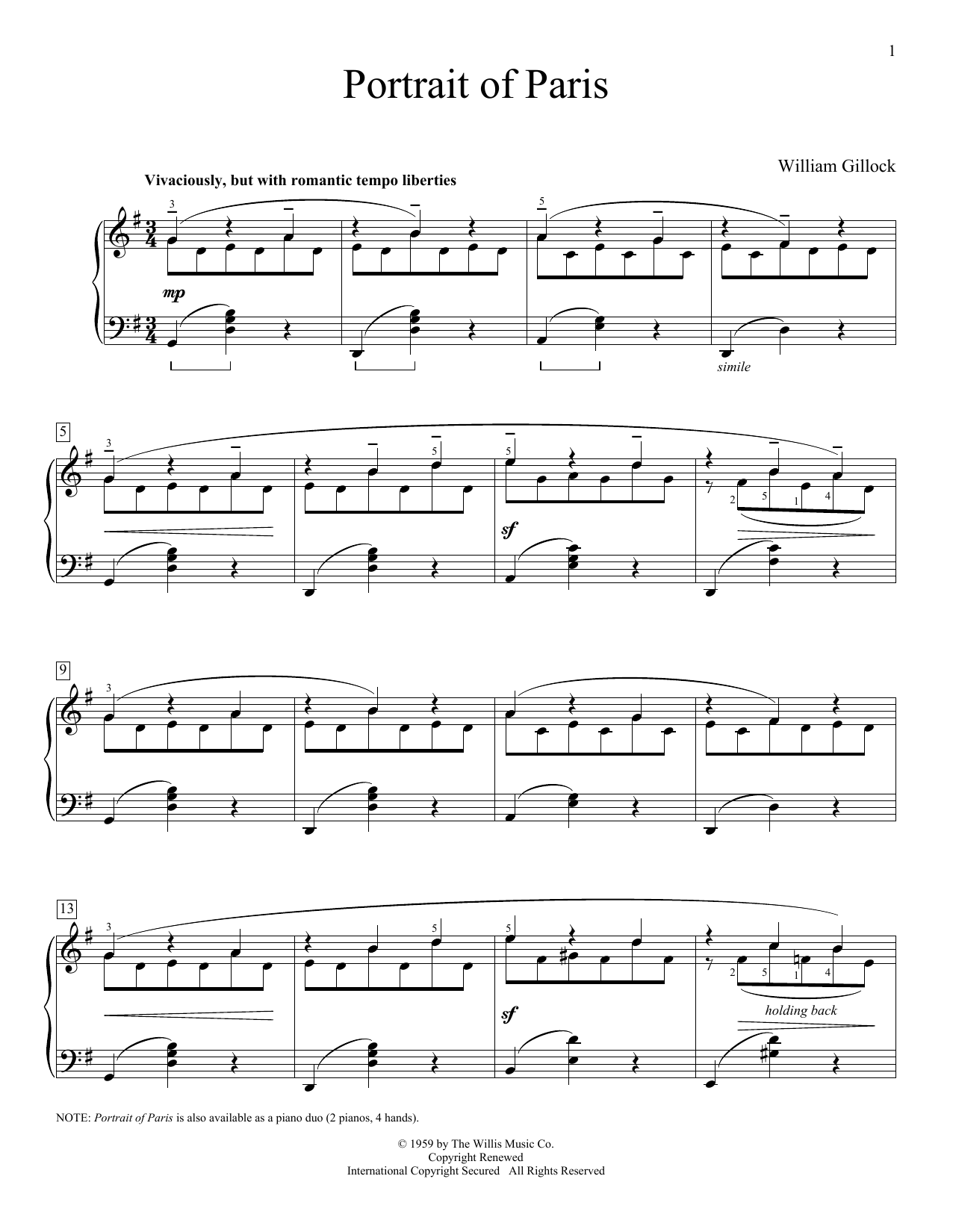 Download William Gillock Portrait Of Paris Sheet Music and learn how to play Easy Piano PDF digital score in minutes