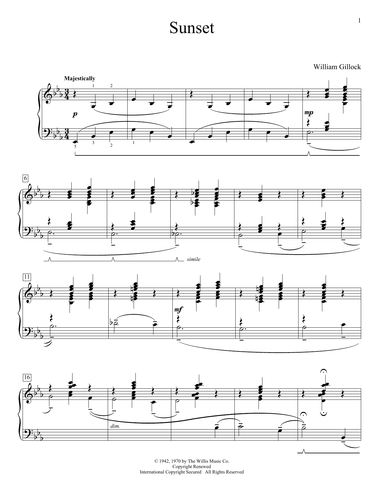 Download William Gillock Sunset Sheet Music and learn how to play Easy Piano PDF digital score in minutes