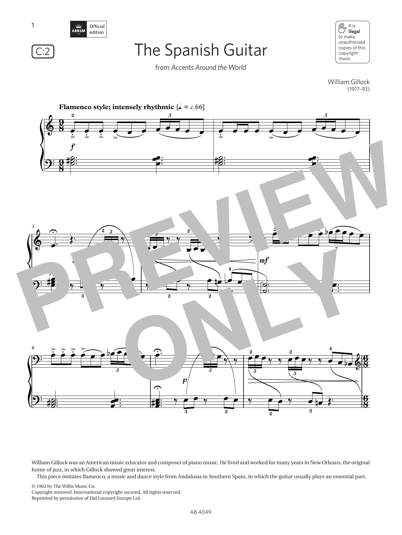 Download William Gillock The Spanish Guitar (Grade 3, list C2, from the ABRSM Piano Syllabus 2023 & 2024) Sheet Music and learn how to play Piano Solo PDF digital score in minutes