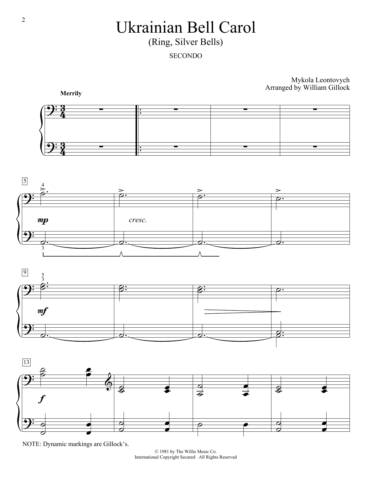 Download William Gillock Ukrainian Bell Carol (Ring, Silver Bells) Sheet Music and learn how to play Piano Duet PDF digital score in minutes