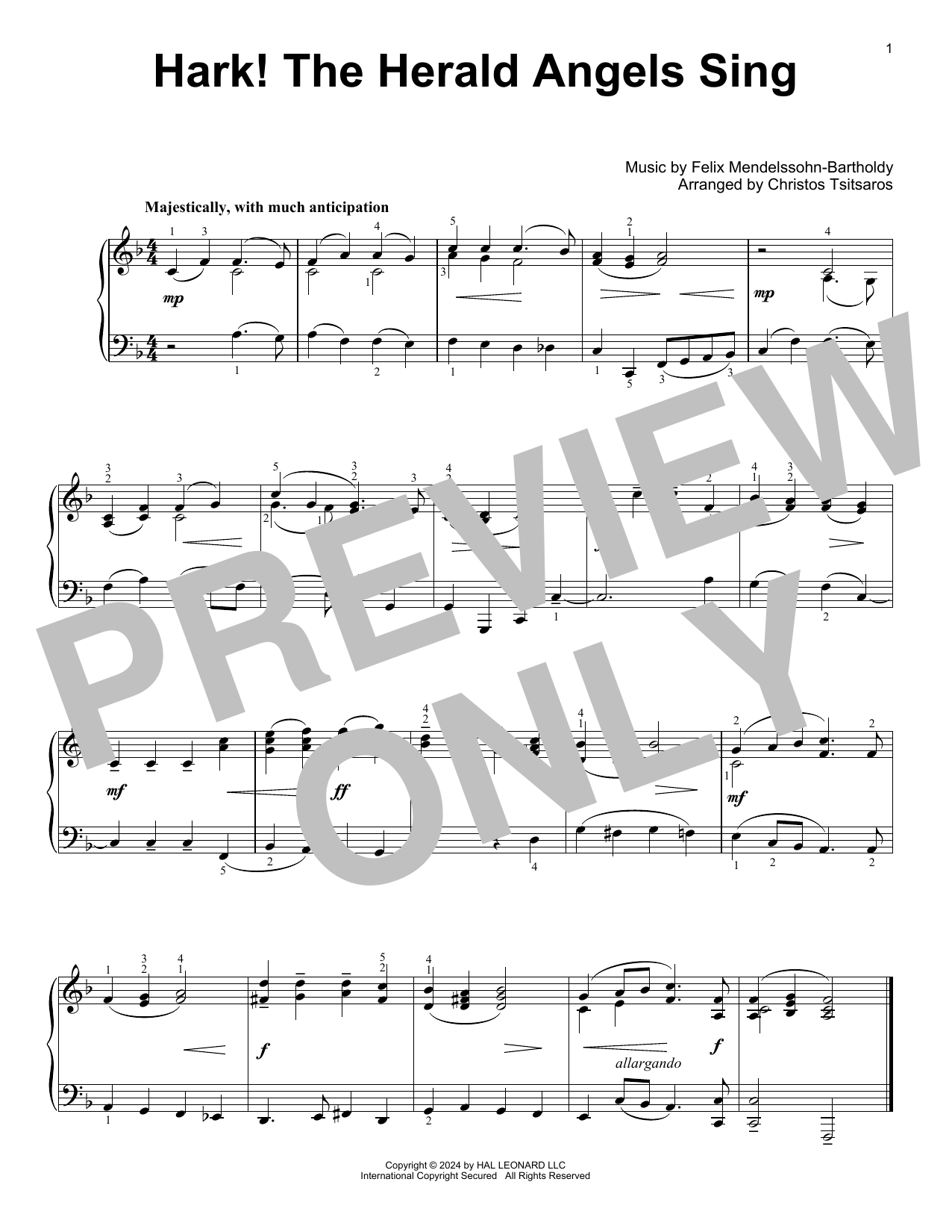 Download William H. Cummings Hark! The Herald Angels Sing (arr. Christos Tsitsaros) Sheet Music and learn how to play Easy Piano Solo PDF digital score in minutes