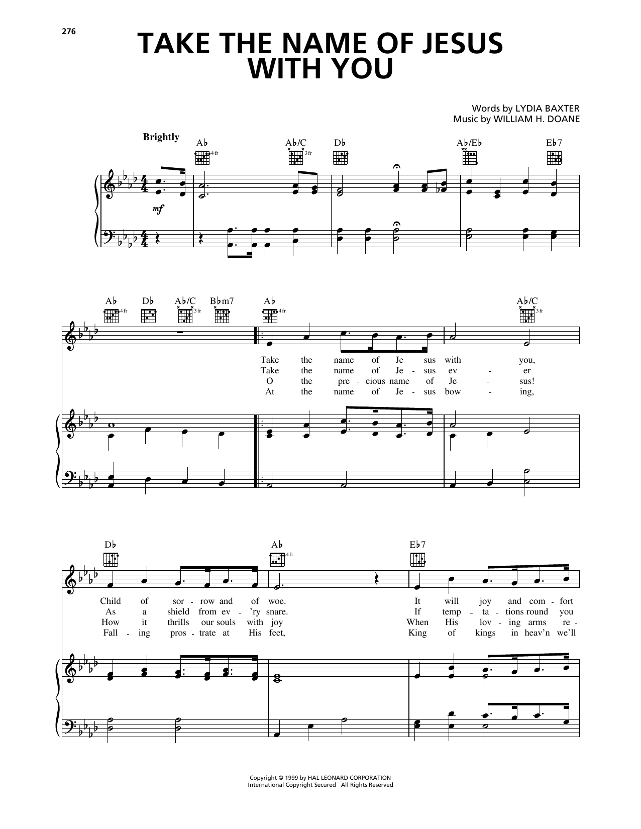 Download William H. Doane Take The Name Of Jesus With You Sheet Music and learn how to play Piano, Vocal & Guitar Chords (Right-Hand Melody) PDF digital score in minutes