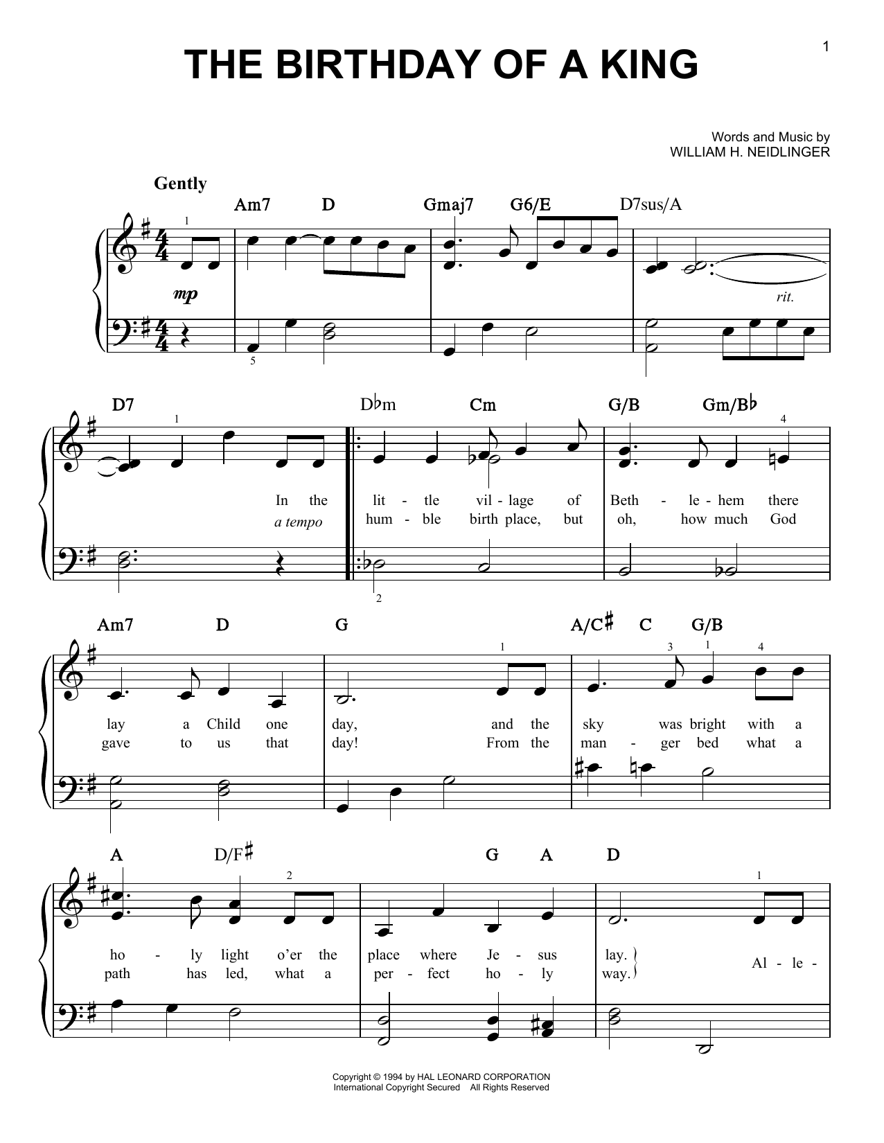 Download William H. Neidlinger The Birthday Of A King Sheet Music and learn how to play Easy Piano PDF digital score in minutes