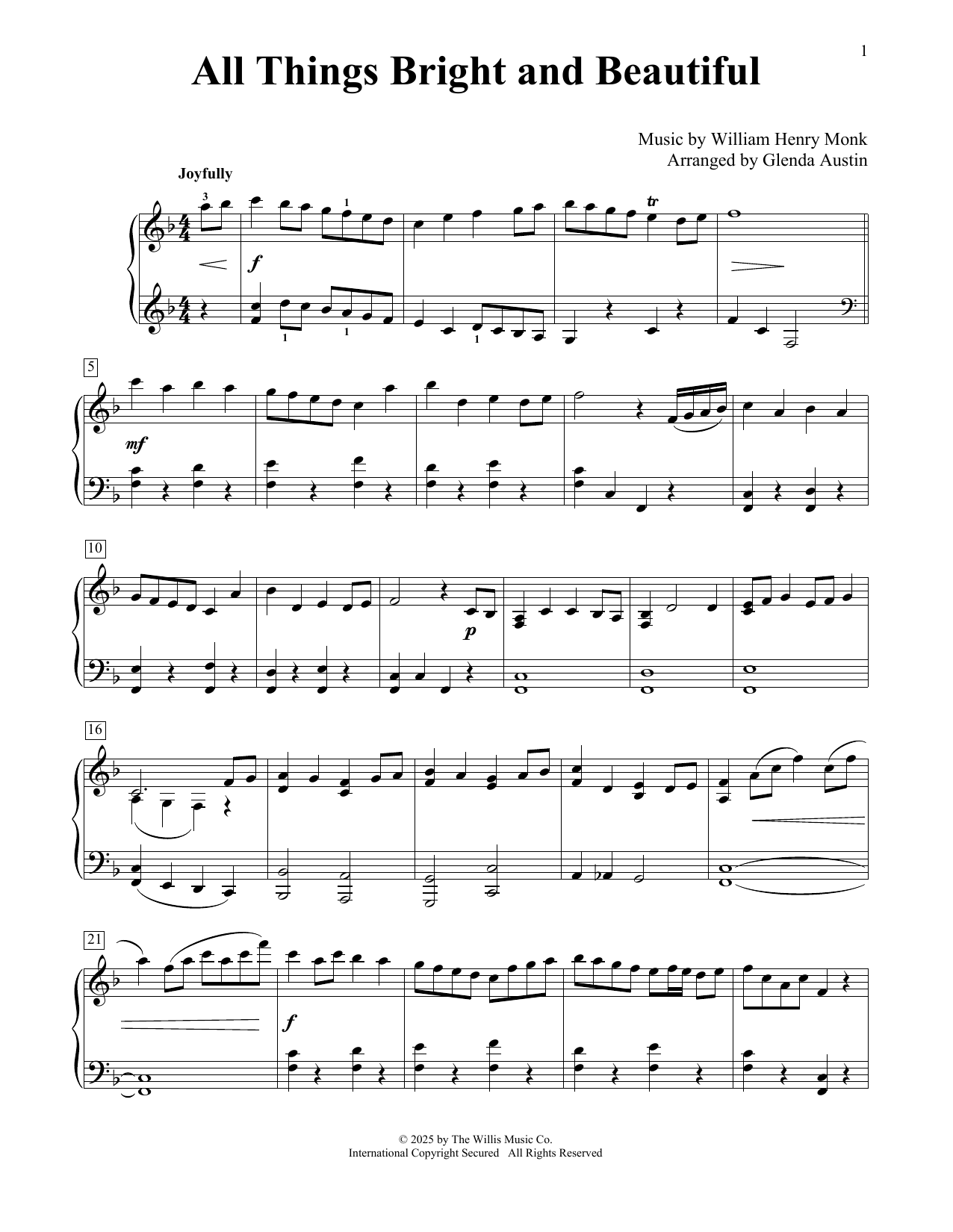 Download William Henry Monk All Things Bright And Beautiful (arr. Glenda Austin) Sheet Music and learn how to play Educational Piano PDF digital score in minutes