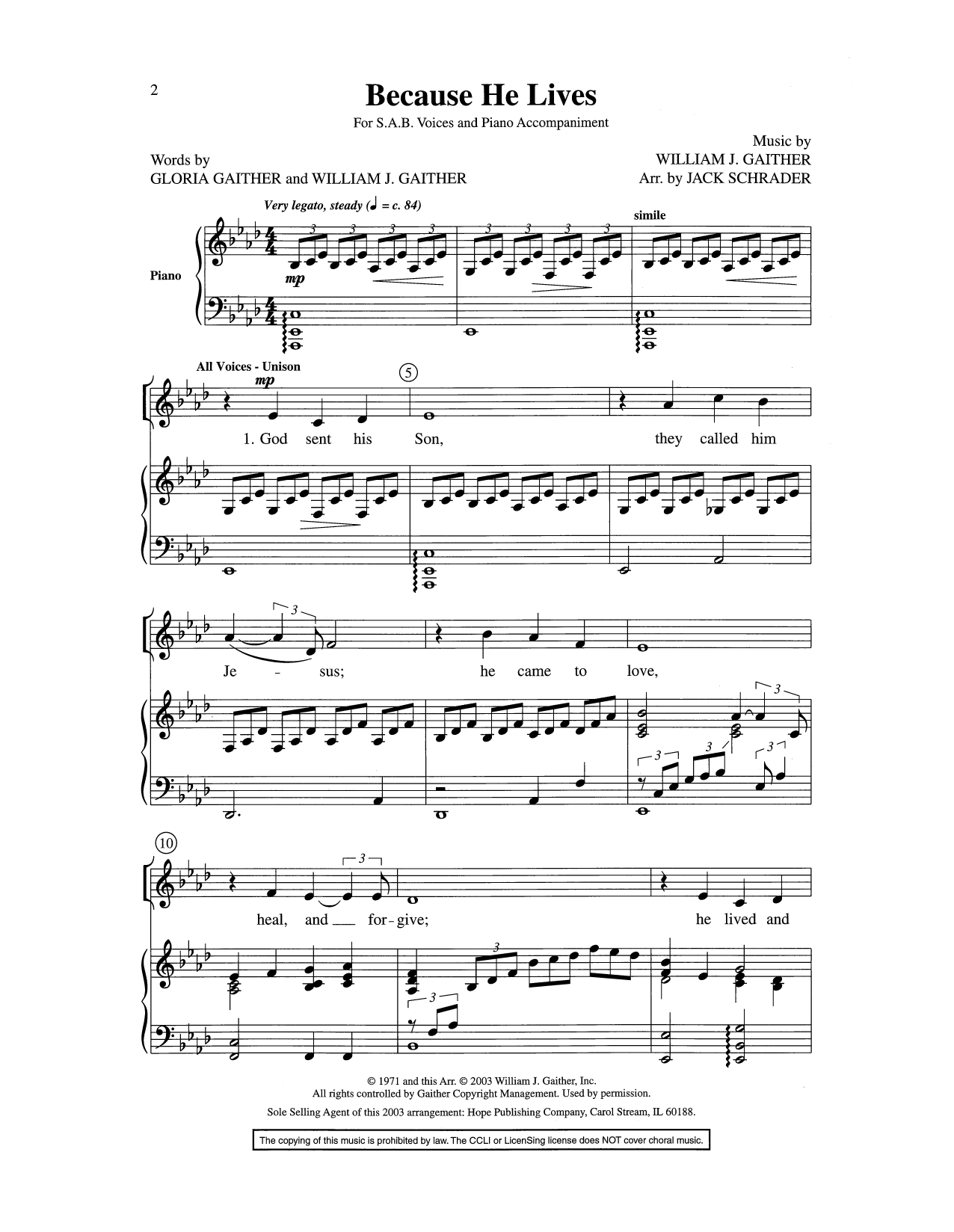 Download William J. Gaither Because He Lives Sheet Music and learn how to play SAB Choir PDF digital score in minutes
