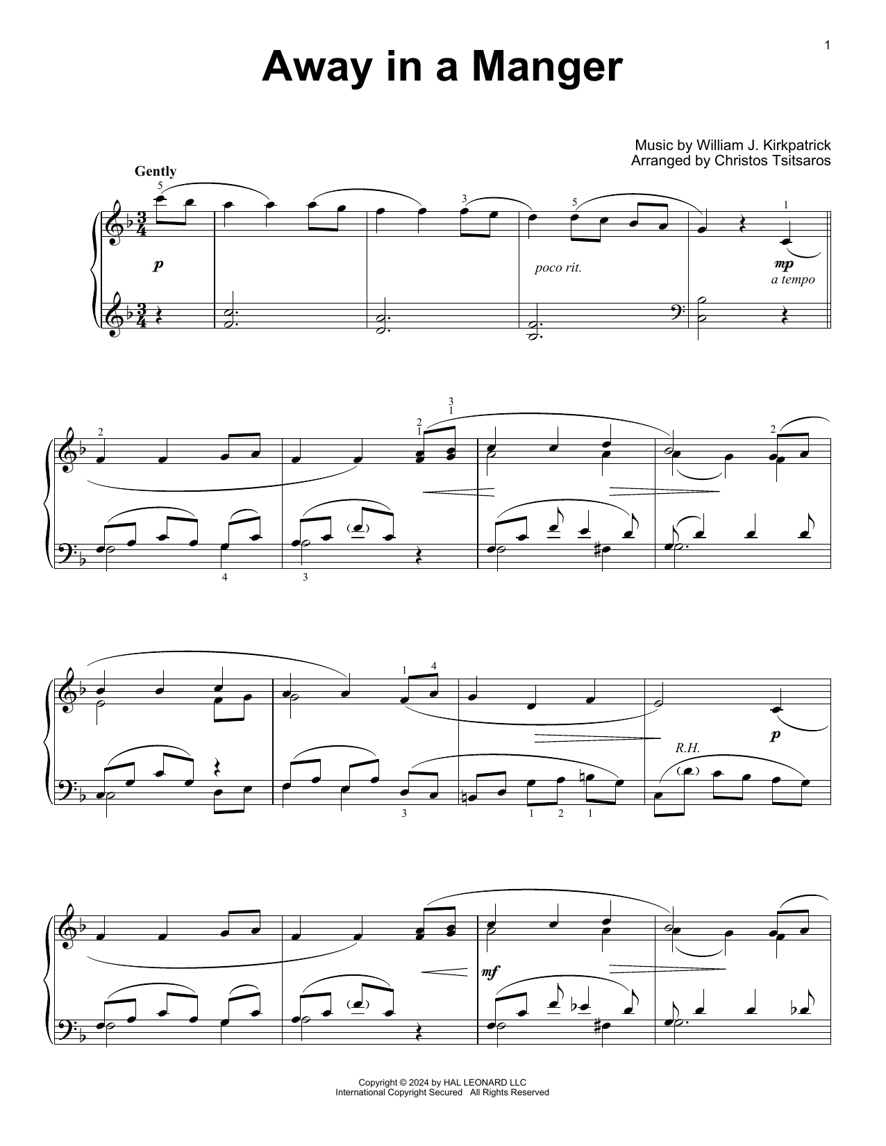 Download William J. Kirkpatrick Away In A Manger (arr. Christos Tsitsaros) Sheet Music and learn how to play Easy Piano Solo PDF digital score in minutes