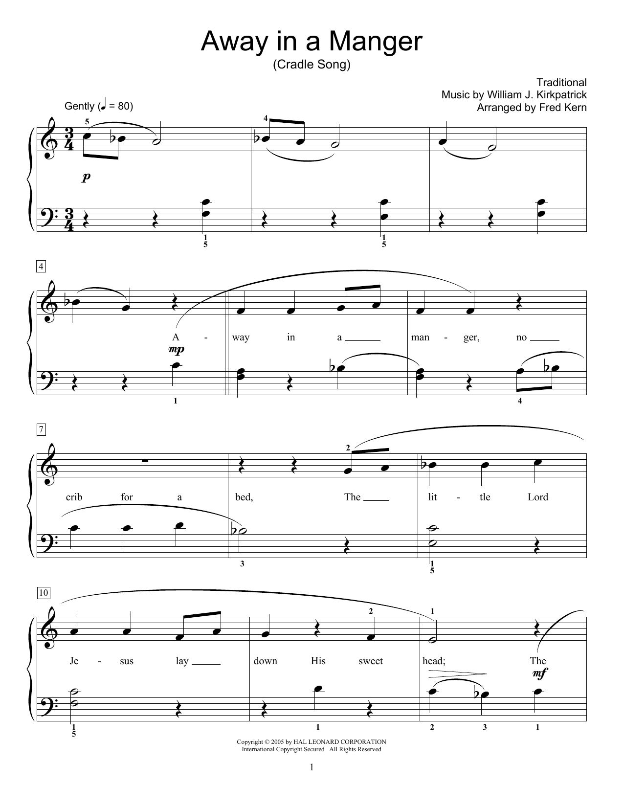 Download William J. Kirkpatrick Away In A Manger (arr. Fred Kern) Sheet Music and learn how to play Educational Piano PDF digital score in minutes
