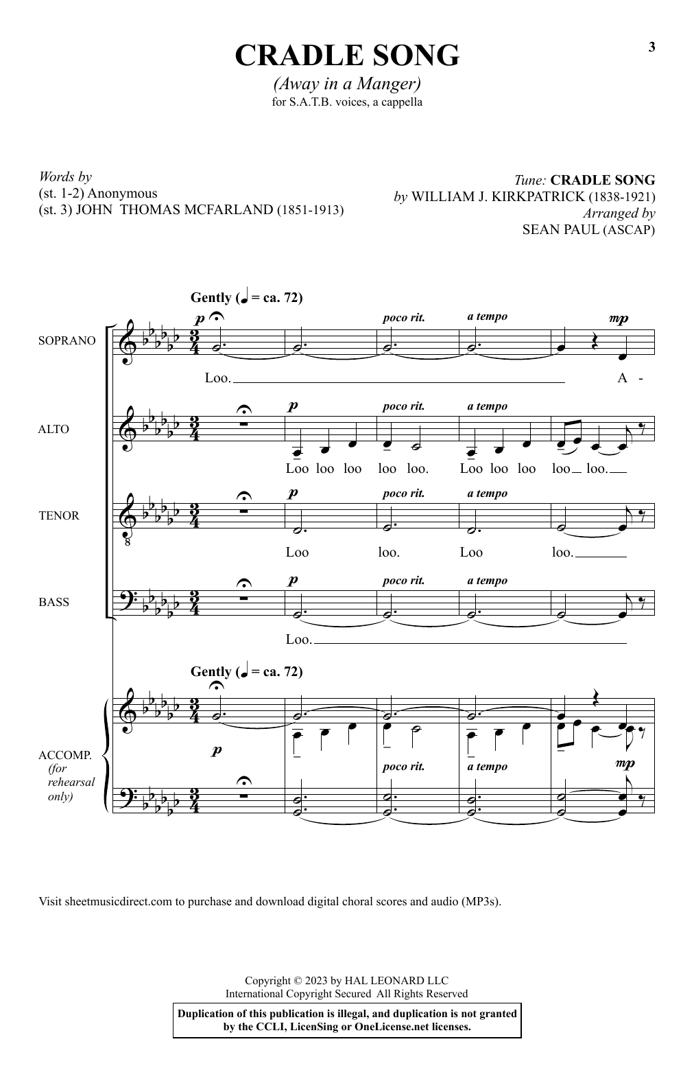 Download William J. Kirkpatrick Cradle Song (Away In A Manger) (arr. Sean Paul) Sheet Music and learn how to play SATB Choir PDF digital score in minutes