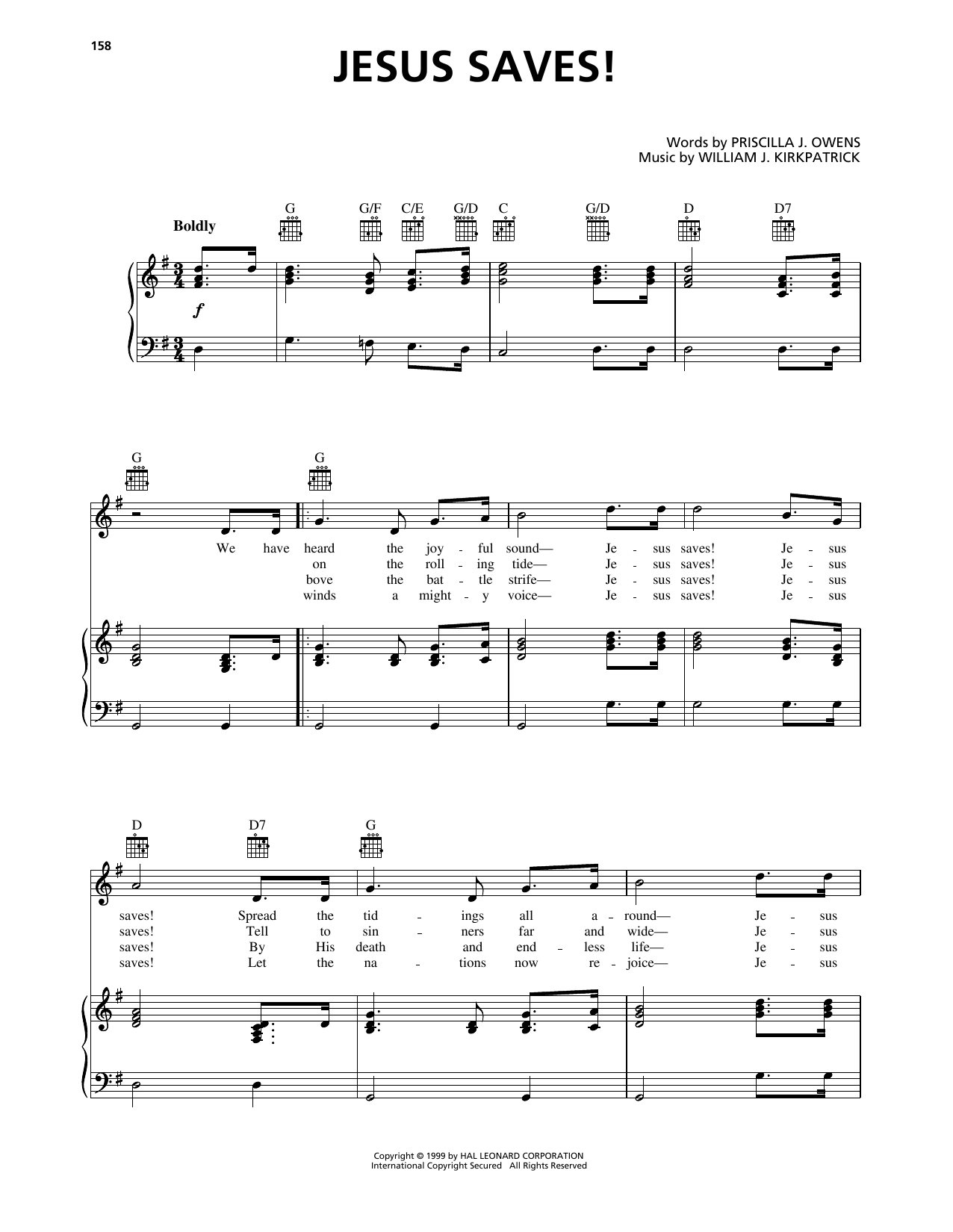 Download William J. Kirkpatrick Jesus Saves! Sheet Music and learn how to play Piano, Vocal & Guitar Chords (Right-Hand Melody) PDF digital score in minutes