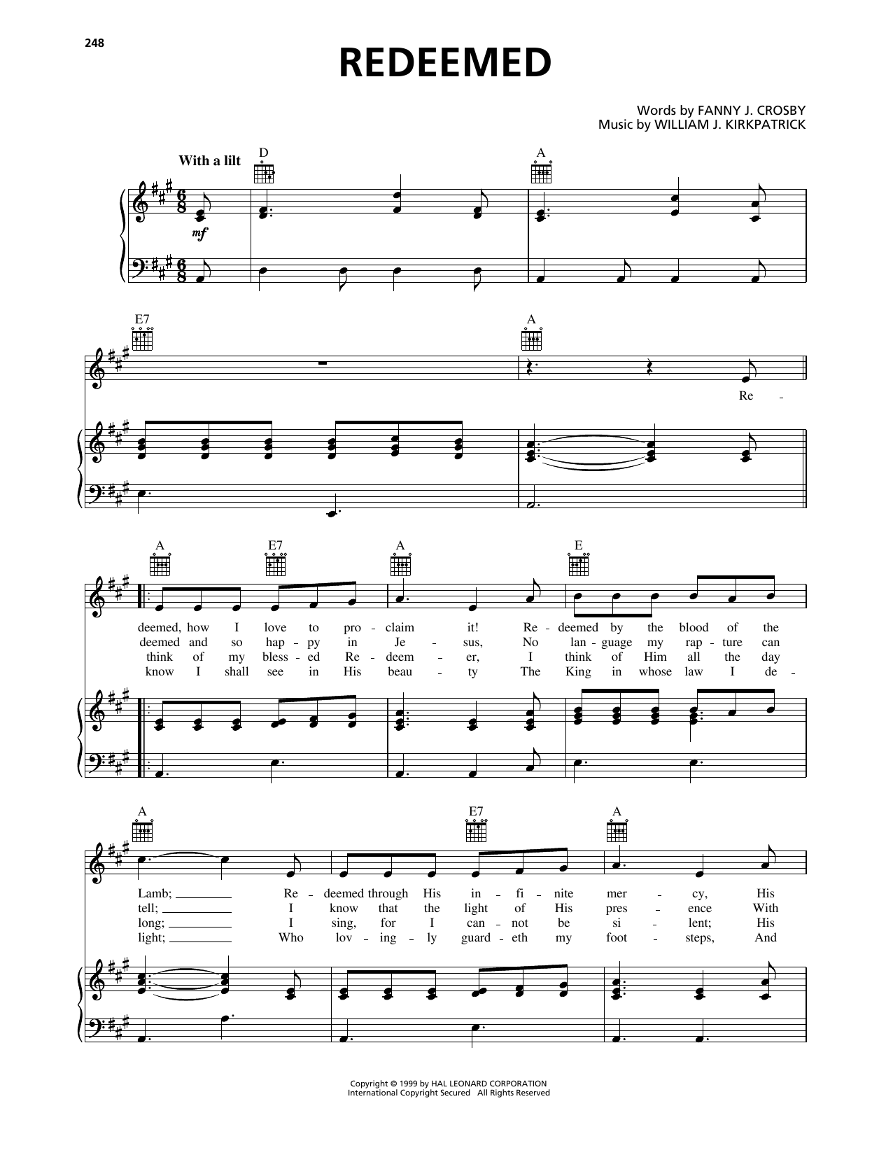 Download William J. Kirkpatrick Redeemed Sheet Music and learn how to play Piano, Vocal & Guitar Chords (Right-Hand Melody) PDF digital score in minutes