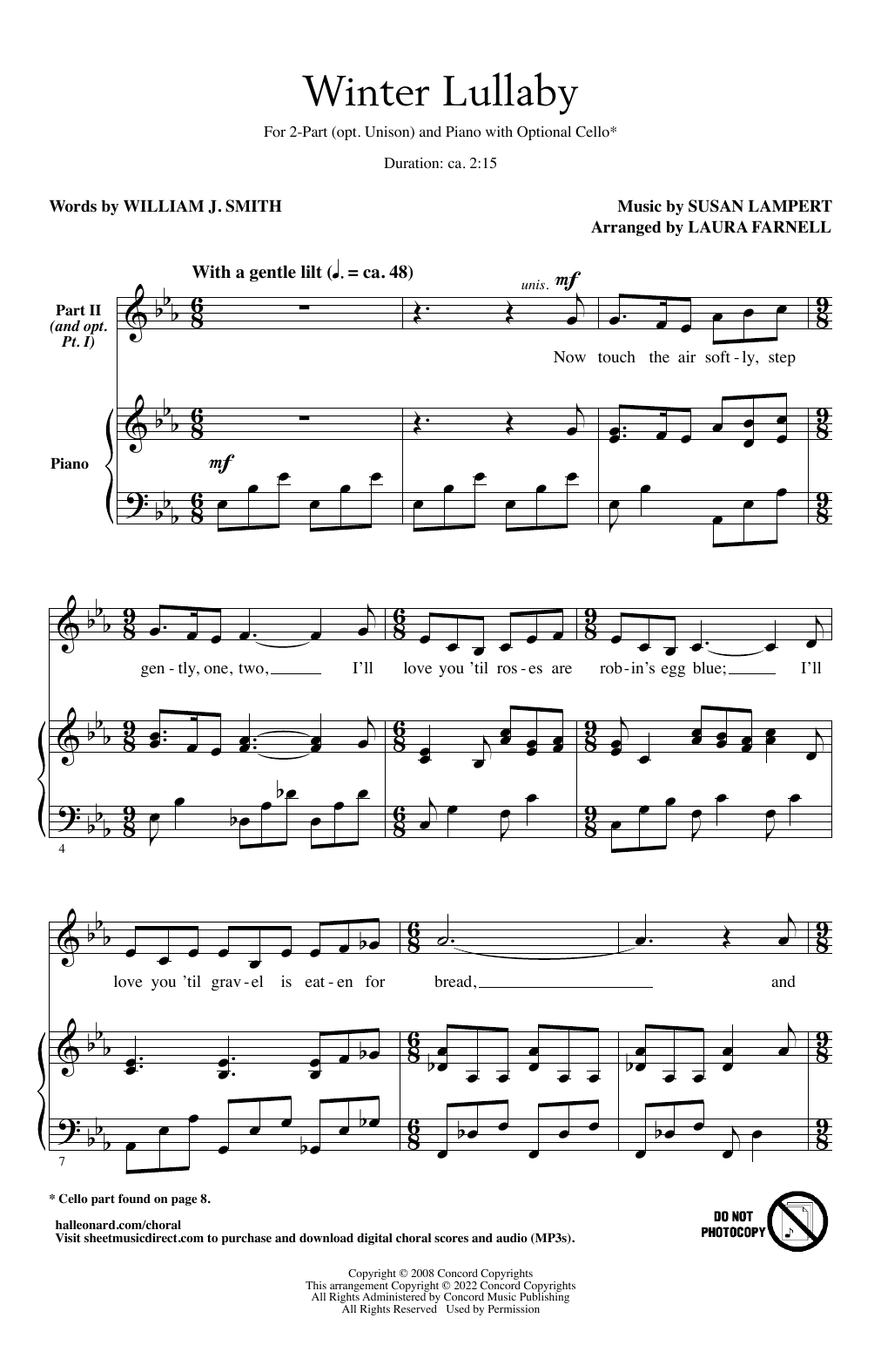 Download William J. Smith and Susan Lampert Winter Lullaby (arr. Laura Farnell) Sheet Music and learn how to play 2-Part Choir PDF digital score in minutes