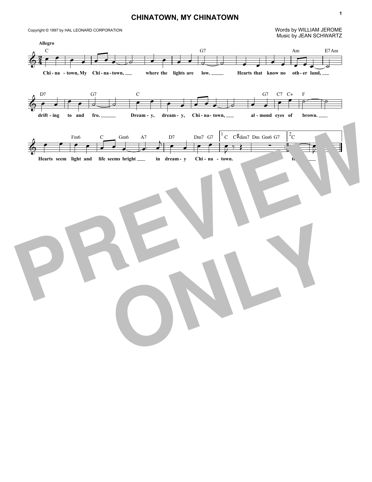 Download William Jerome Chinatown, My Chinatown Sheet Music and learn how to play Melody Line, Lyrics & Chords PDF digital score in minutes
