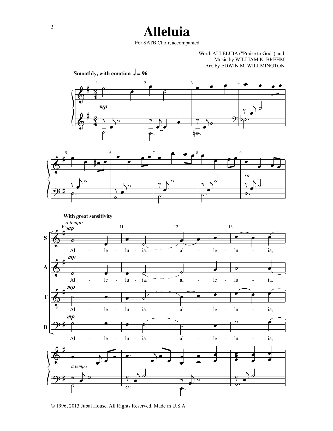 Download William K. Brehm Alleluia (arr. Edwin M. Willmington) Sheet Music and learn how to play SATB Choir PDF digital score in minutes
