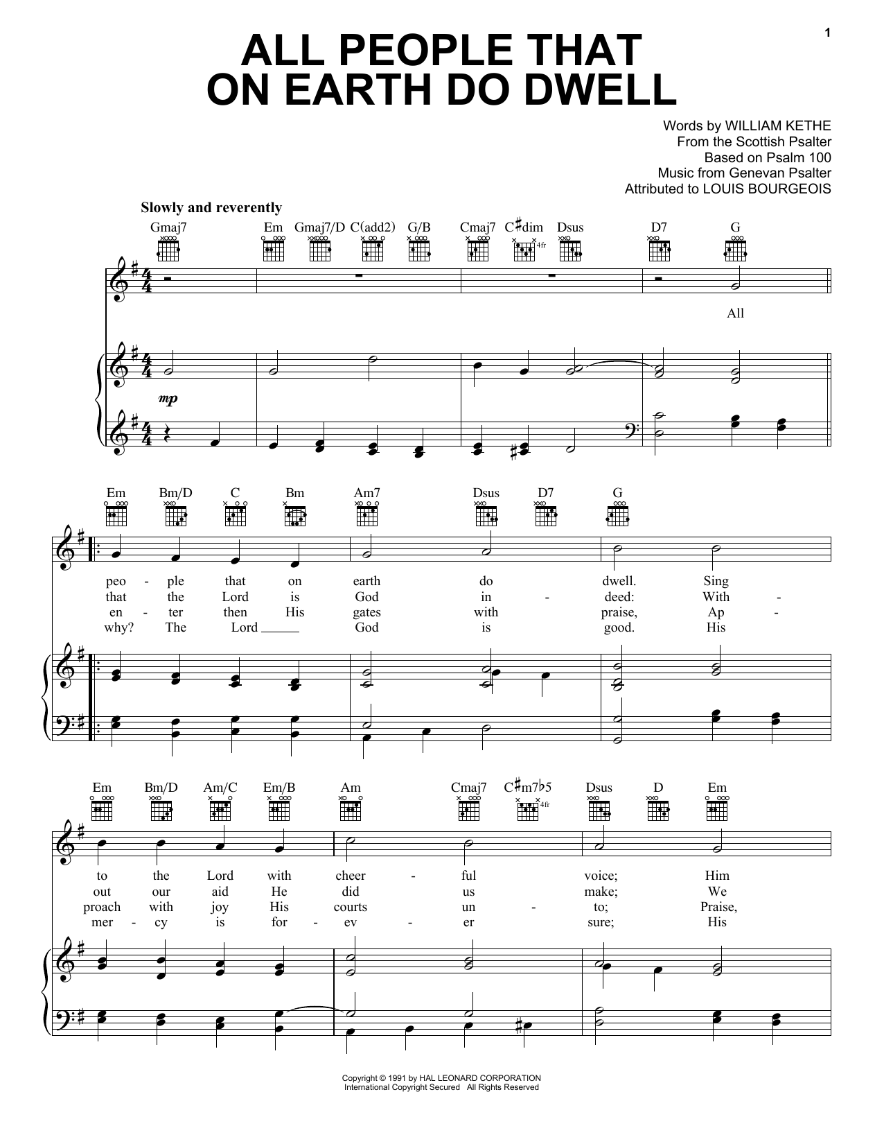 Download William Kethe All People On Earth Do Dwell Sheet Music and learn how to play Piano, Vocal & Guitar Chords (Right-Hand Melody) PDF digital score in minutes