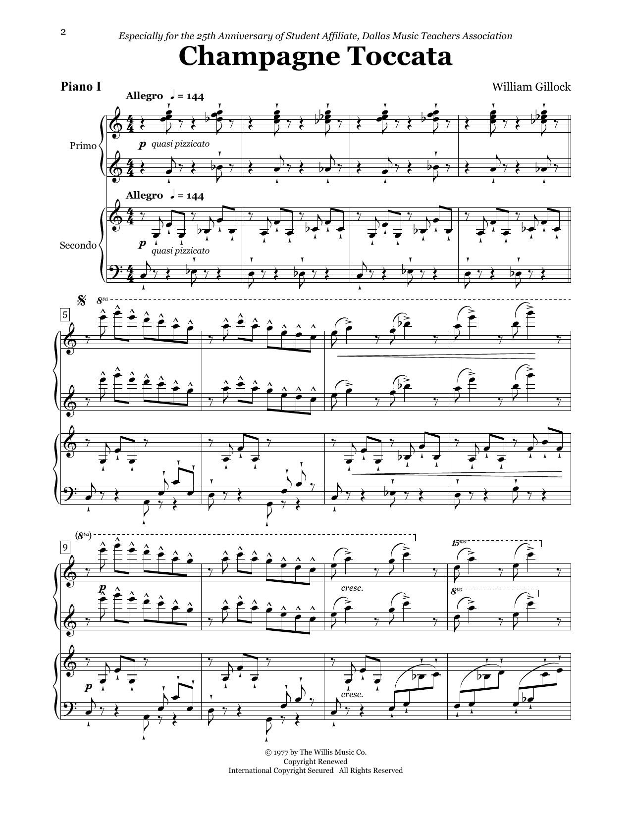 Download William Gillock Champagne Toccata (for 2 Pianos, 8 Hands) Sheet Music and learn how to play Piano Duet PDF digital score in minutes
