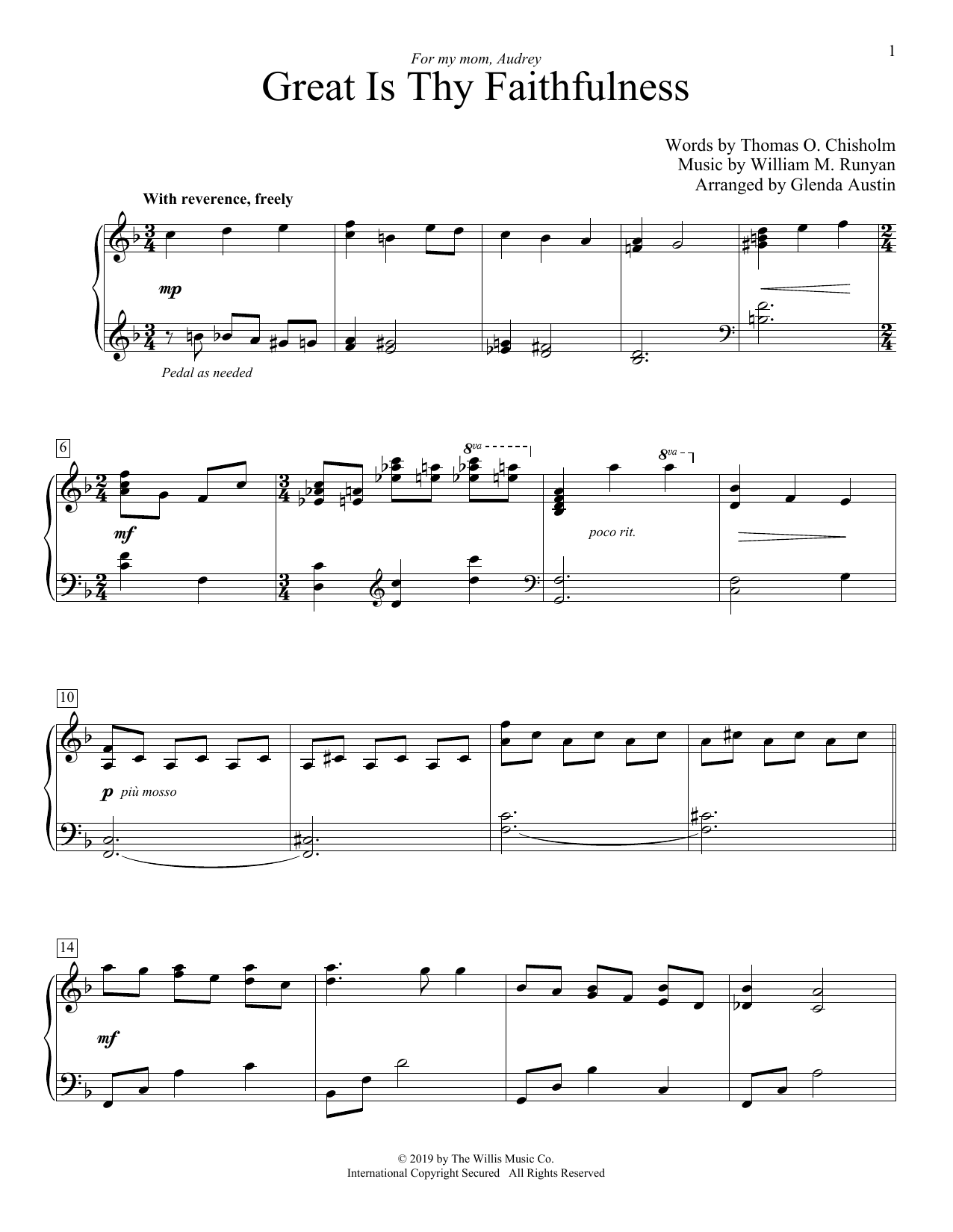 Download William M. Runyan Great Is Thy Faithfulness (arr. Glenda Austin) Sheet Music and learn how to play Educational Piano PDF digital score in minutes