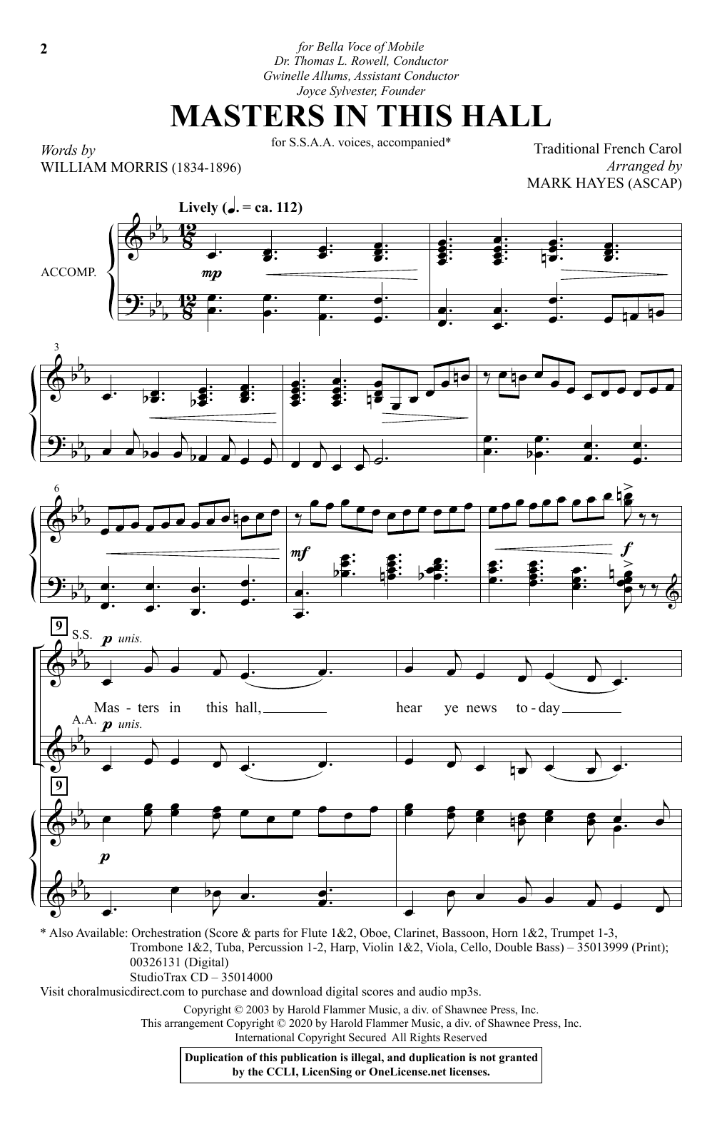 Download William Morris Masters In This Hall (arr. Mark Hayes) Sheet Music and learn how to play SSAA Choir PDF digital score in minutes