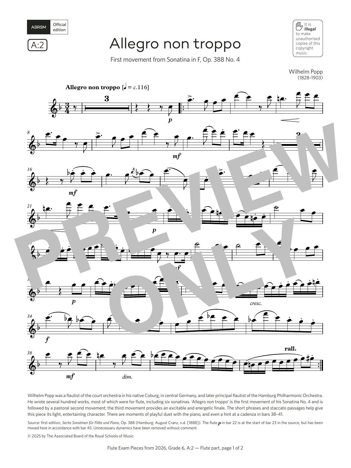 Download William Popp Allegro non troppo (Grade 6, list A2, from the ABRSM Flute Syllabus from 2026) Sheet Music and learn how to play Flute Solo PDF digital score in minutes