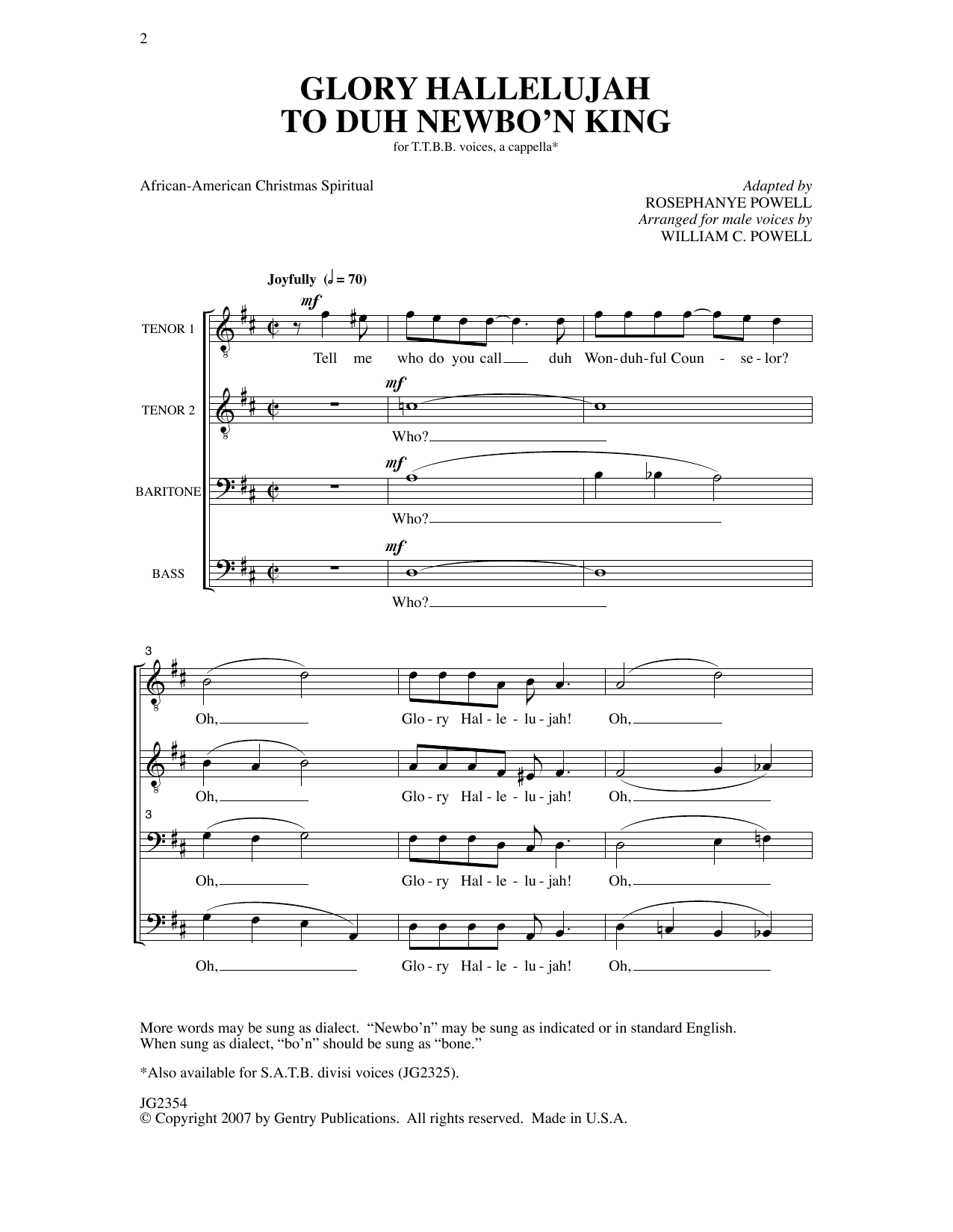 Download William Powell Glory Hallelujah To Duh Newbo'n King! Sheet Music and learn how to play TTBB Choir PDF digital score in minutes