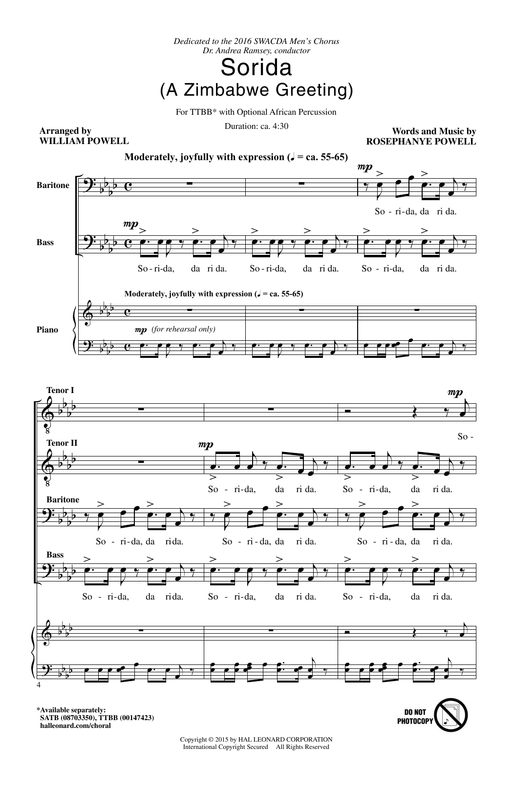 Download William Powell Sorida Sheet Music and learn how to play TTBB PDF digital score in minutes