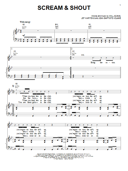 Download will.i.am Scream & Shout (feat. Britney Spears) Sheet Music and learn how to play Piano, Vocal & Guitar (Right-Hand Melody) PDF digital score in minutes