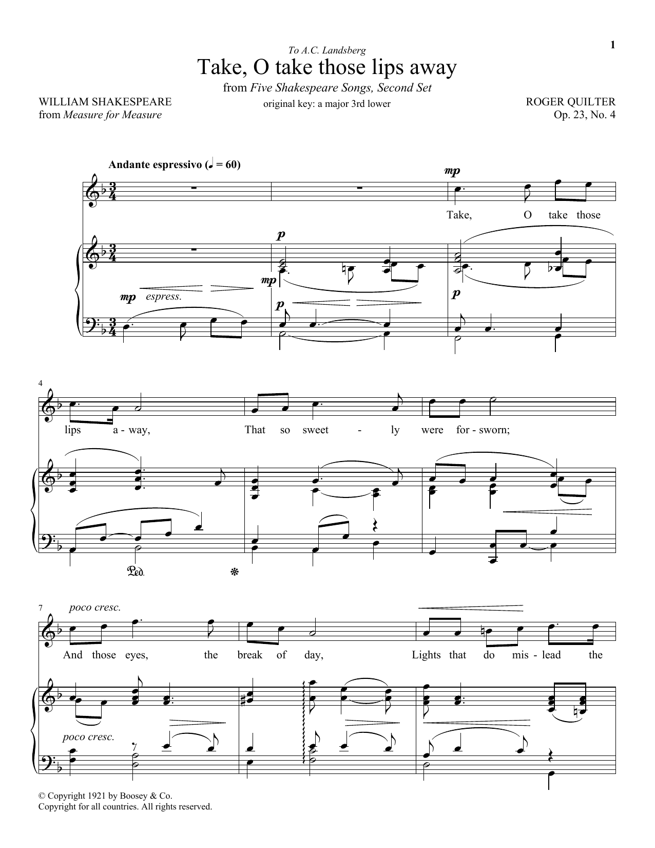 Download William Shakespeare Take, O Take Those Lips Away, Op. 23, No. 4 Sheet Music and learn how to play Piano & Vocal PDF digital score in minutes