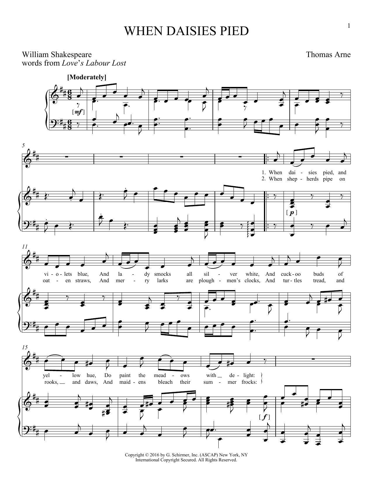 Download William Shakespeare When Daisies Pied Sheet Music and learn how to play Piano & Vocal PDF digital score in minutes