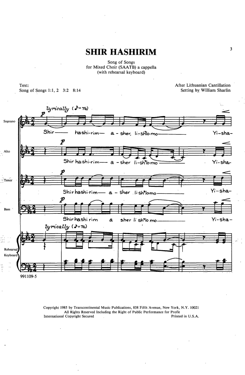 Download William Sharlin Shir Hashirim (Song Of Songs) Sheet Music and learn how to play Choir PDF digital score in minutes