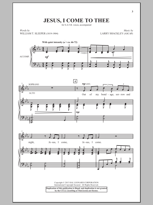 Download Larry Shackley Jesus, I Come To Thee (arr. William T. Sleeper) Sheet Music and learn how to play SATB PDF digital score in minutes
